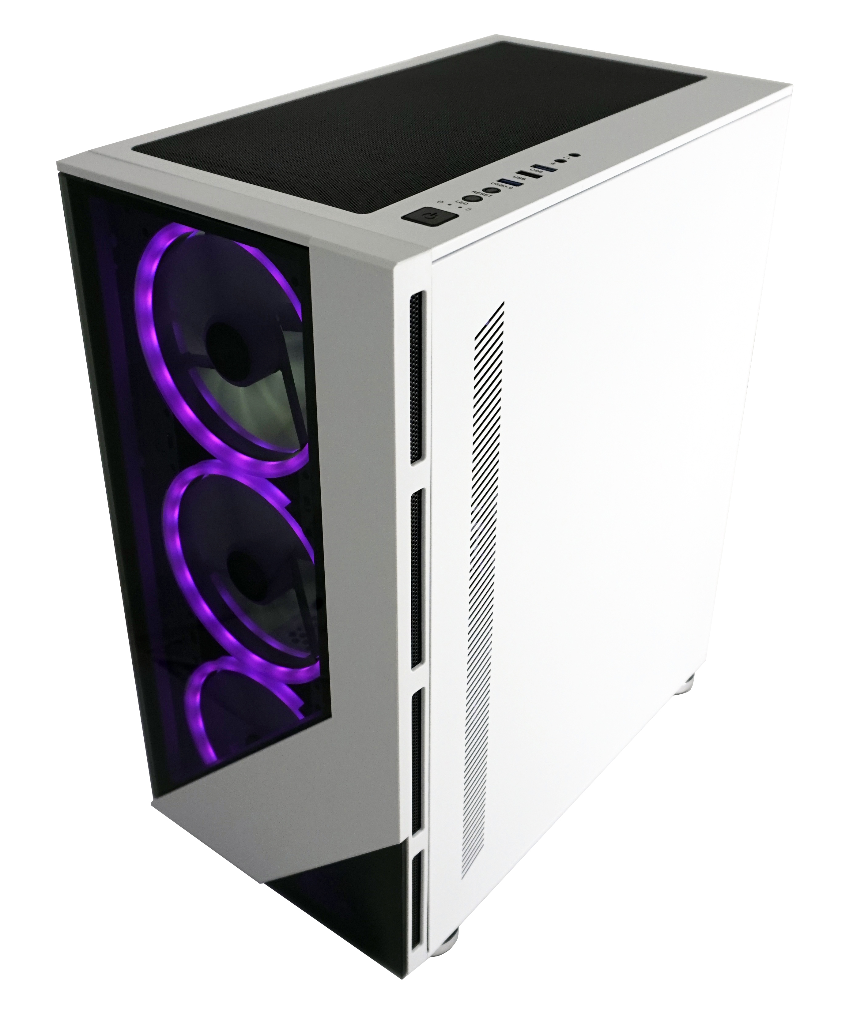 Biała obudowa komputera z przezroczystym panelem bocznym i fioletowymi wentylatorami.