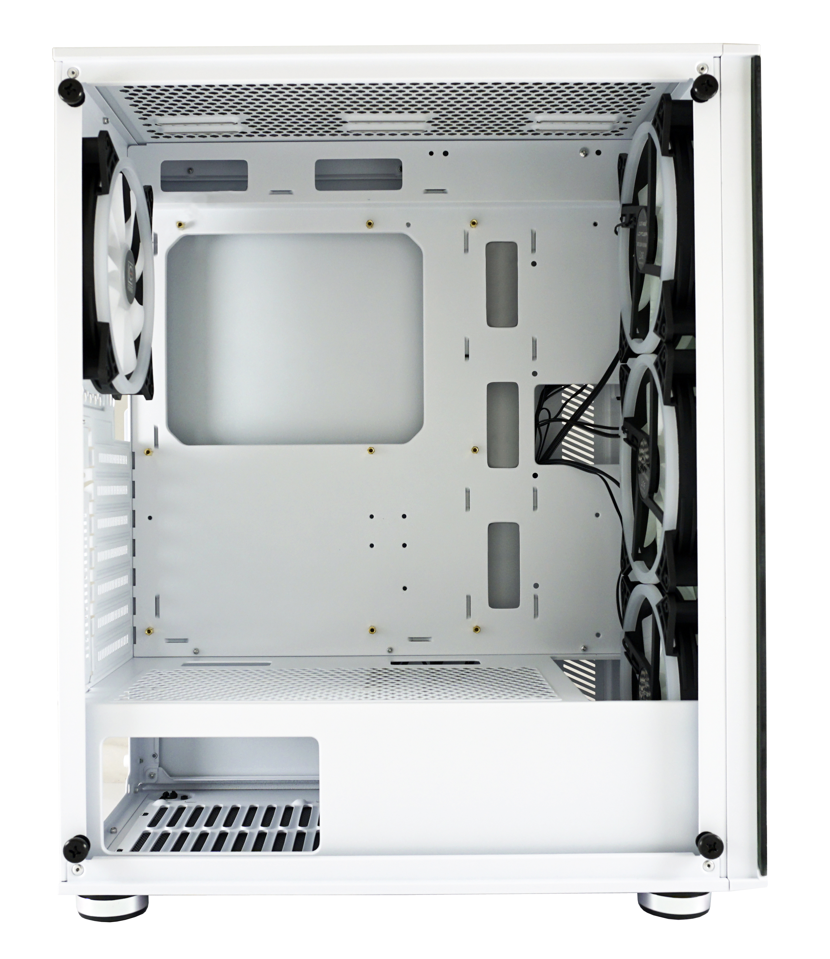Białe wnętrze obudowy komputera z wentylatorami, prowadzeniem kabli i punktami montażu.