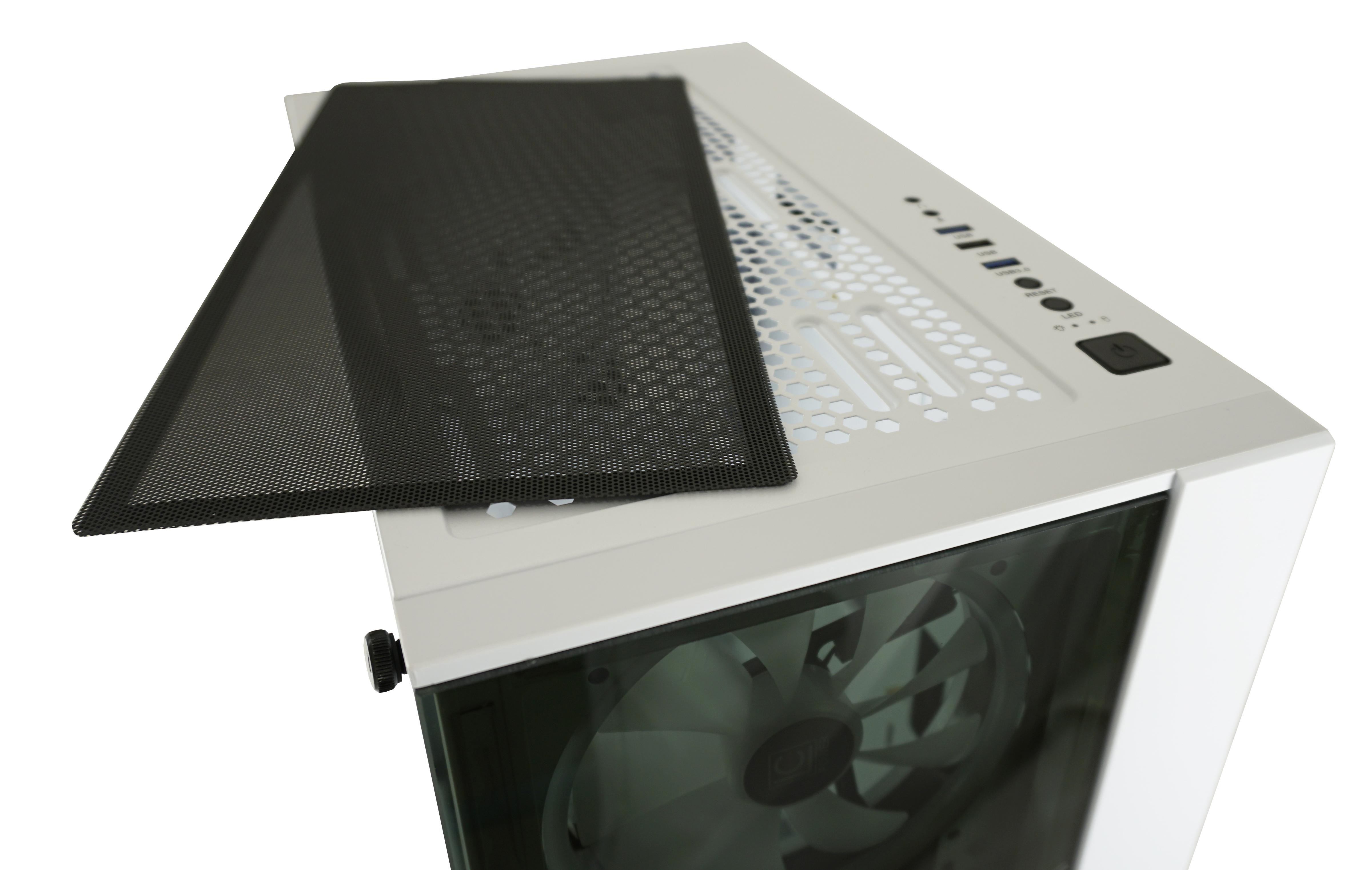 Góra obudowy komputera z czarnym panelem z siatki i różnymi portami oraz przyciskiem zasilania.
