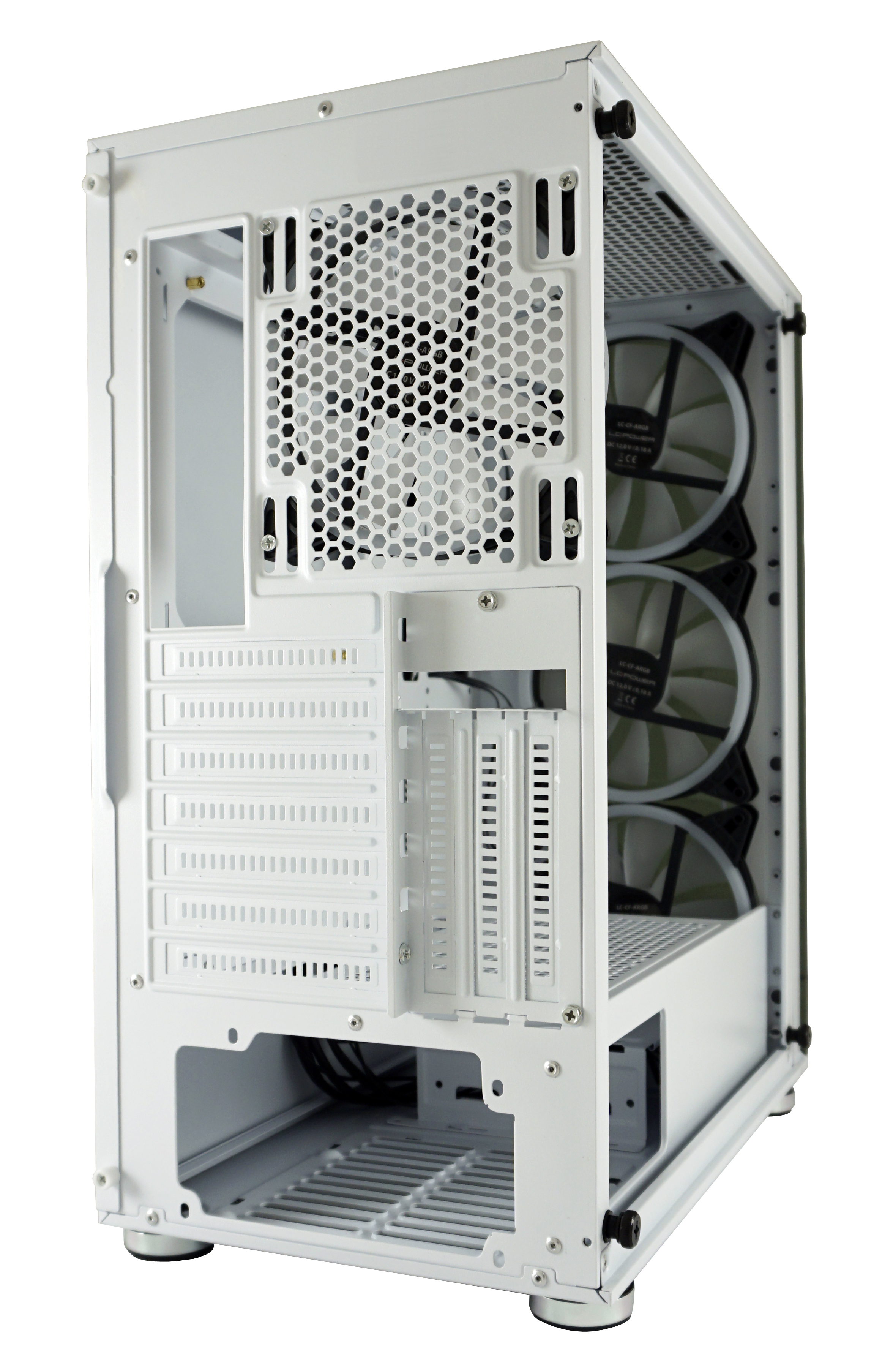 Biała obudowa komputera z trzema wentylatorami widocznymi z tyłu i perforowanym panelem bocznym.