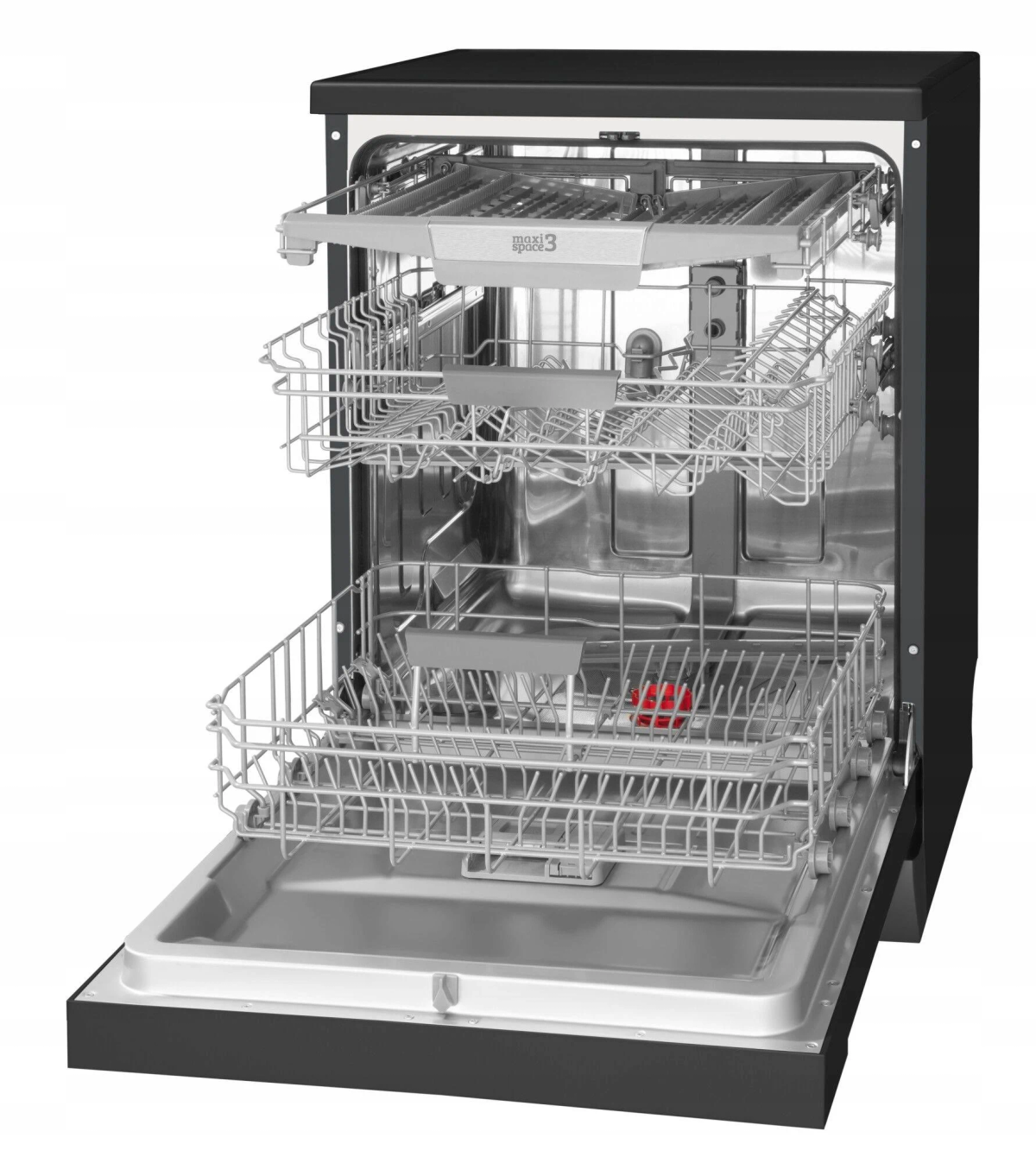 Czarna zmywarka z otwartymi drzwiami, widać kosze. Czysta, pusta.