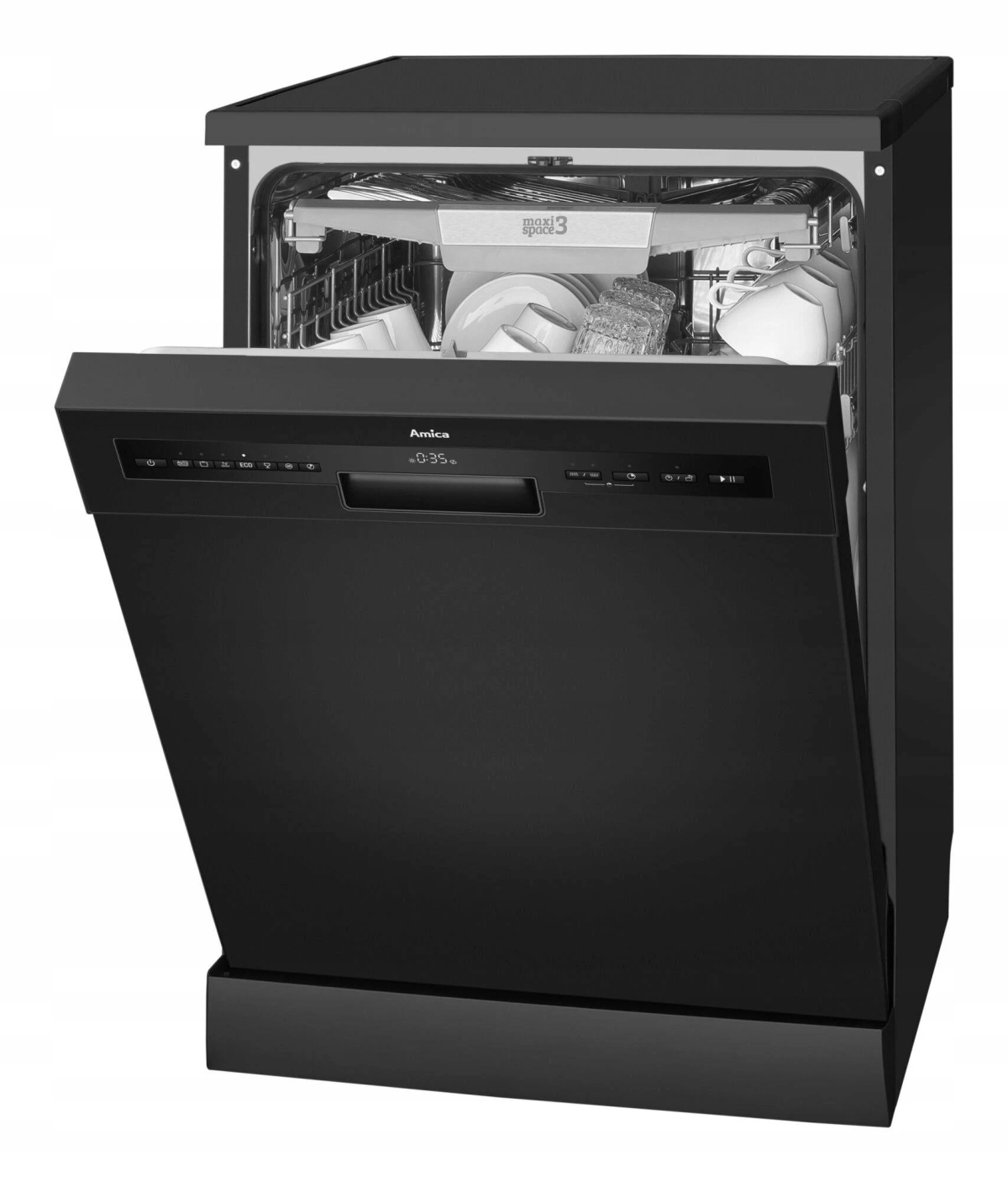 Czarna zmywarka z otwartymi drzwiami, pokazująca wnętrze.