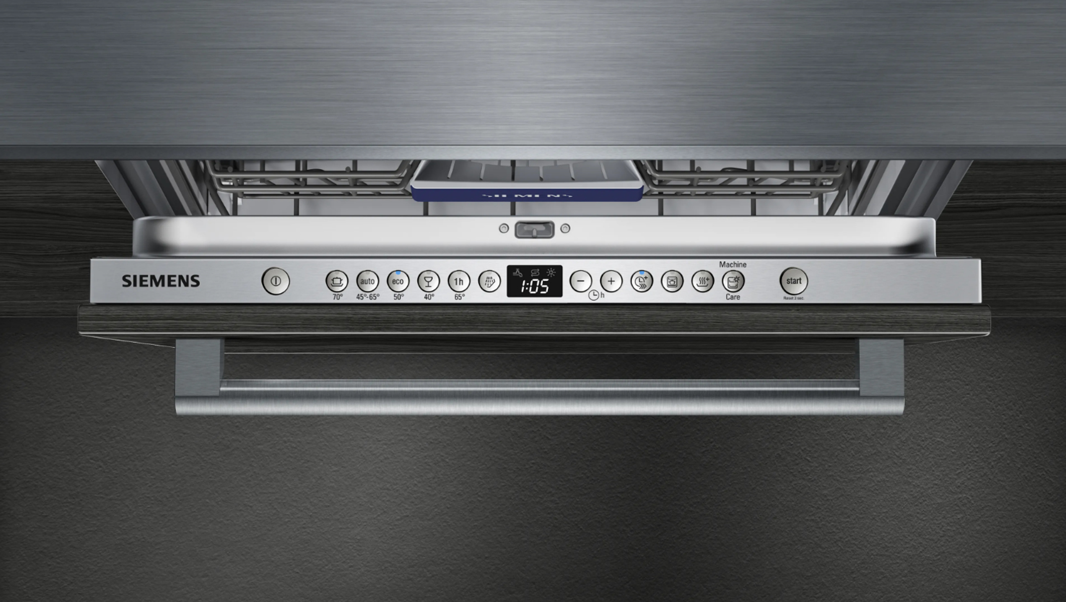 Panel sterowania zmywarki. Szary i czarny. Białe tło.