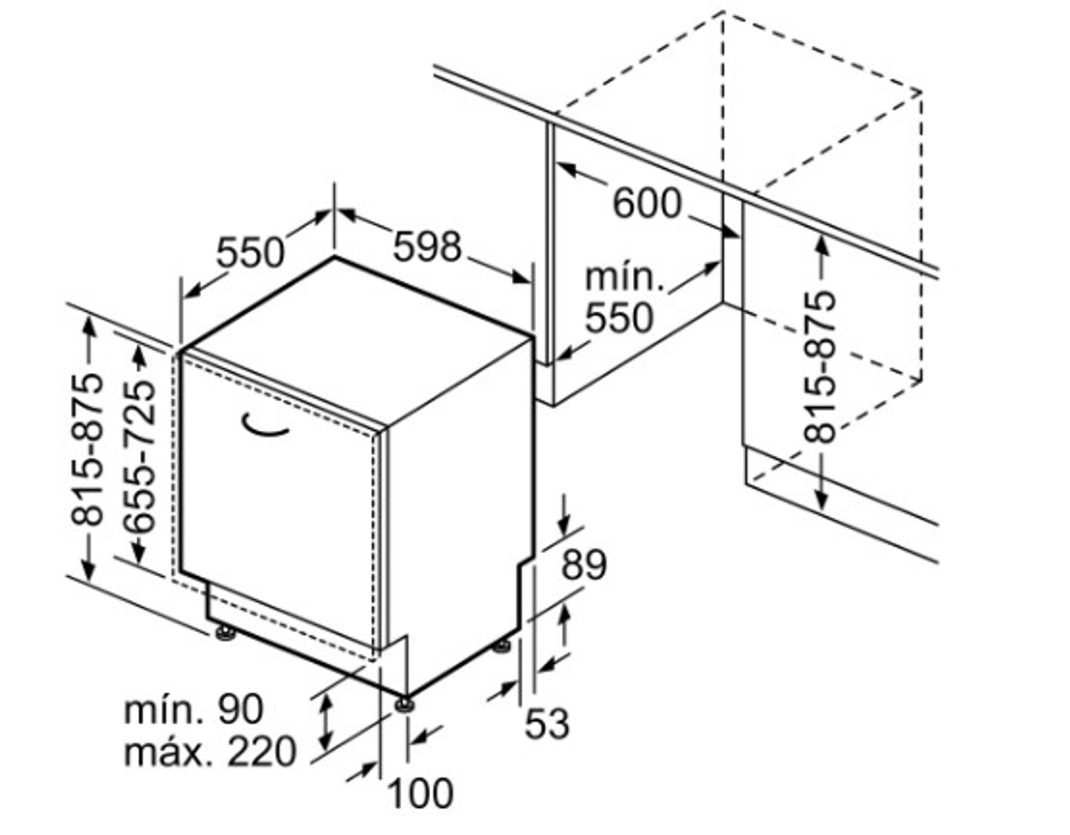 Un disegno che mostra una lavastoviglie con misure e dimensioni.