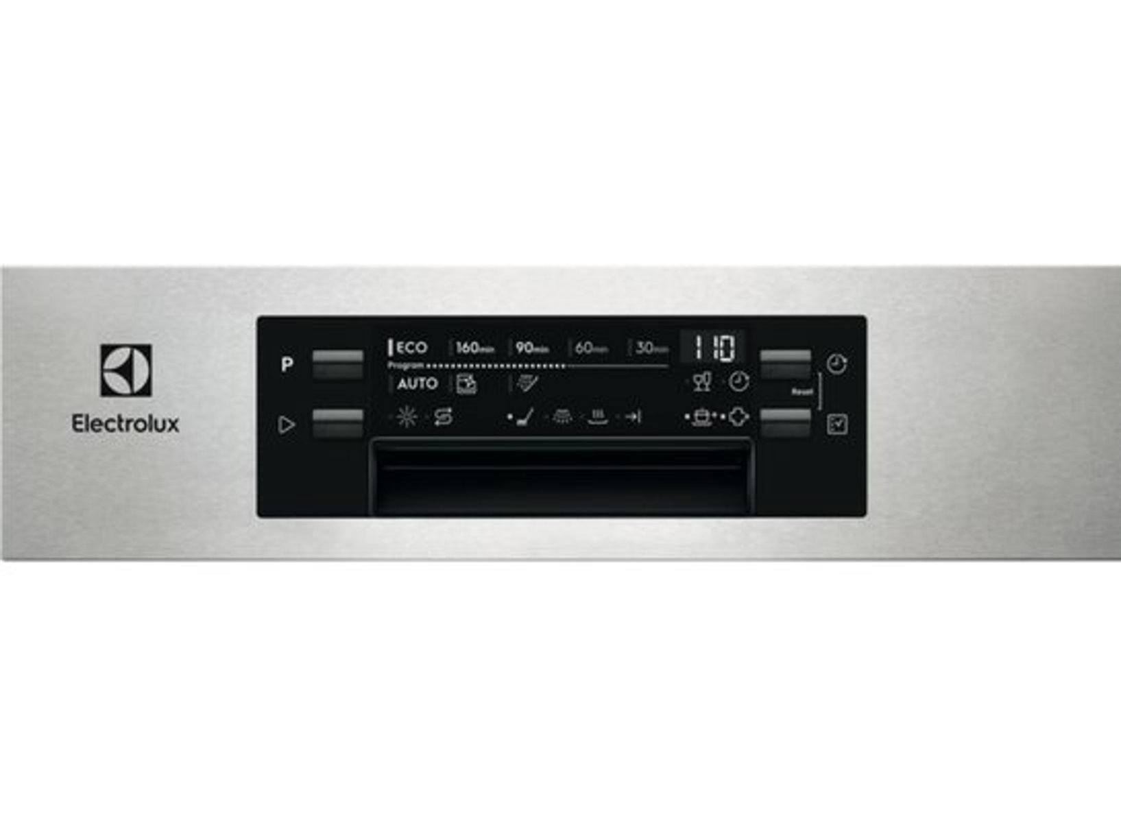 Panel sterowania zmywarki Electrolux z przyciskami, wyświetlaczem i ustawieniami programu.