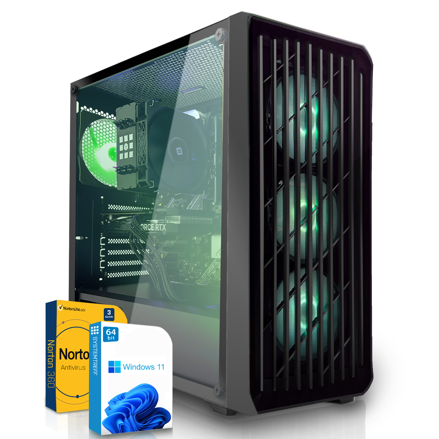 Schwarzes Computergehäuse mit grün leuchtenden Lüftern. Zwei Softwareboxen stehen davor, mit schwarzem Hintergrund.