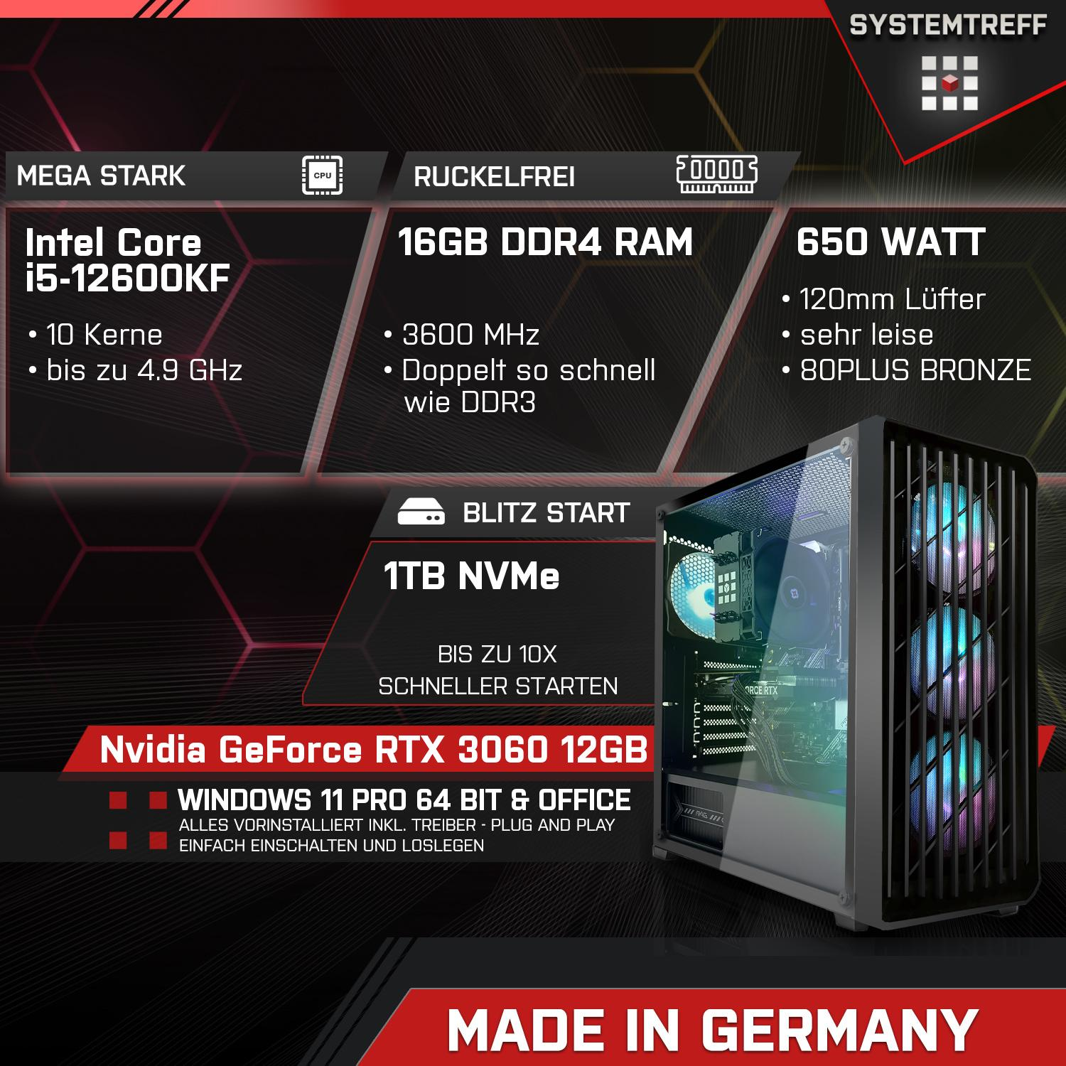 RTX GeForce Gaming Komplett Prozessor, 12GB GDDR6, 16 SYSTEMTREFF Core 3060 GB Intel GB PC mSSD, i5-12600KF, 1000 GB i5-12600KF Nvidia mit RAM, 12 Komplett
