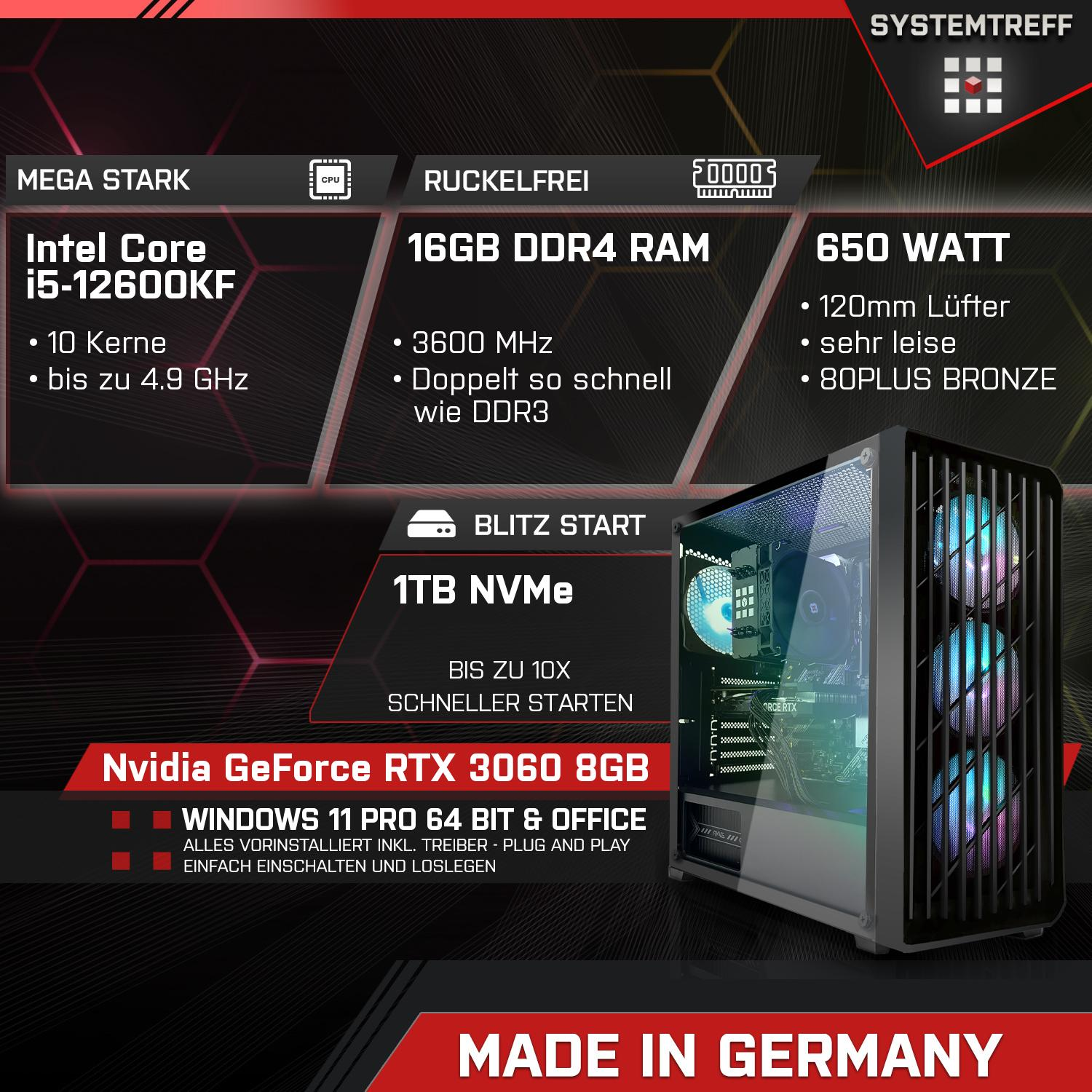 Core Komplett 8GB GeForce 1000 Komplett Prozessor, RTX RAM, GB mSSD, i5-12600KF Gaming Intel GDDR6, SYSTEMTREFF 16 i5-12600KF, GB PC mit Nvidia 3060 8 GB
