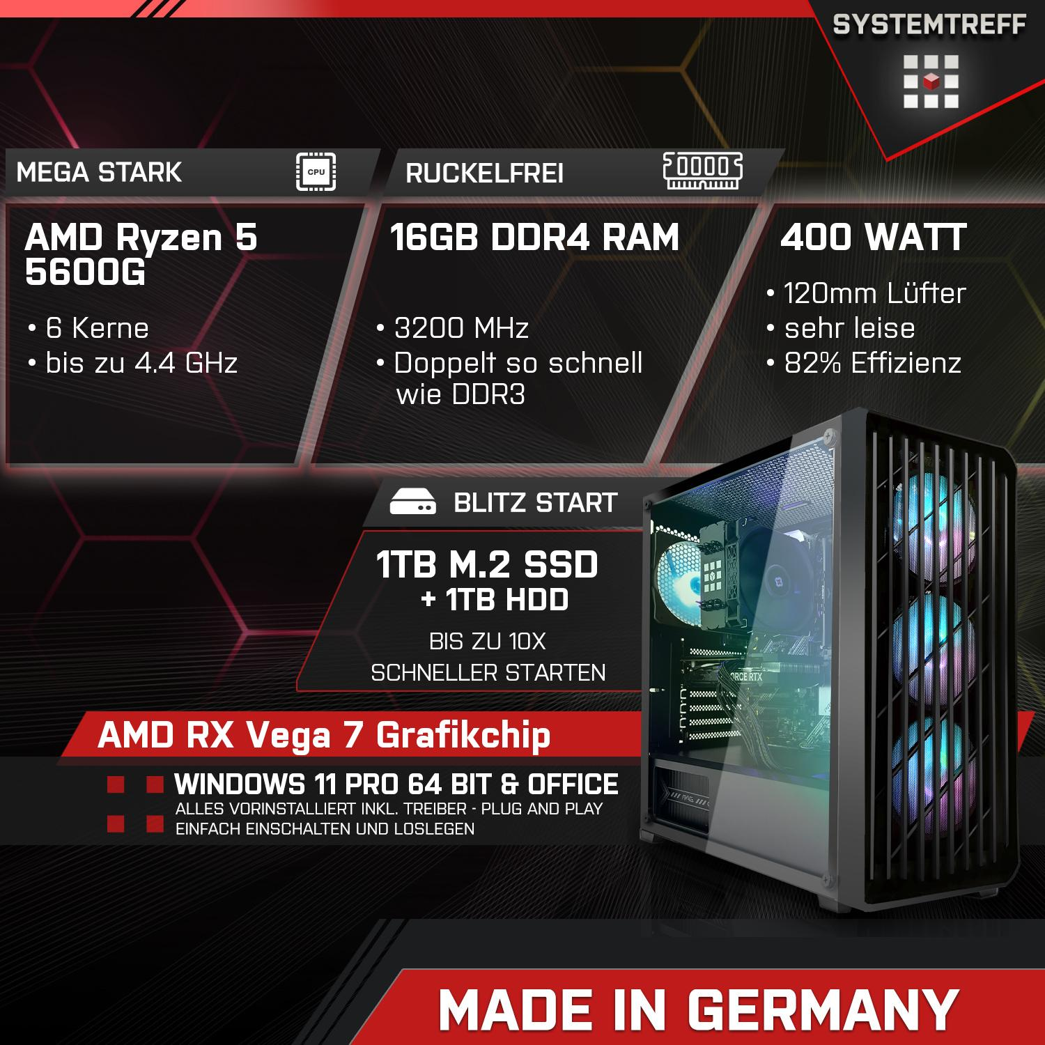 SYSTEMTREFF Gaming AMD Prozessor, Windows AMD 5 Vega 11 5600G, mit AMD Ryzen 16 mSSD, GB GB RAM, Ryzen™ Radeon™ 7 PC Pro, 5 1000 Gaming