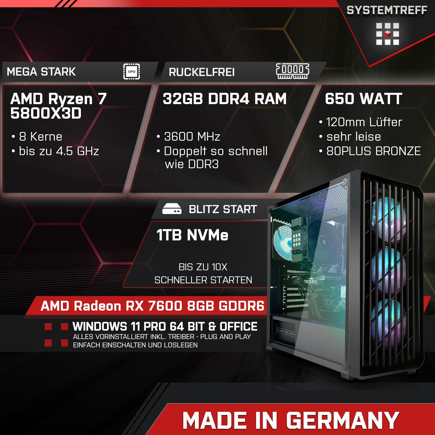 Komplett RX 5800X3D, 8GB mSSD, RAM, Gaming 32 SYSTEMTREFF Radeon Ryzen PC AMD GB GB 7600 1000 5800X3D Prozessor, GB 8 AMD Komplett 7 GDDR6, mit