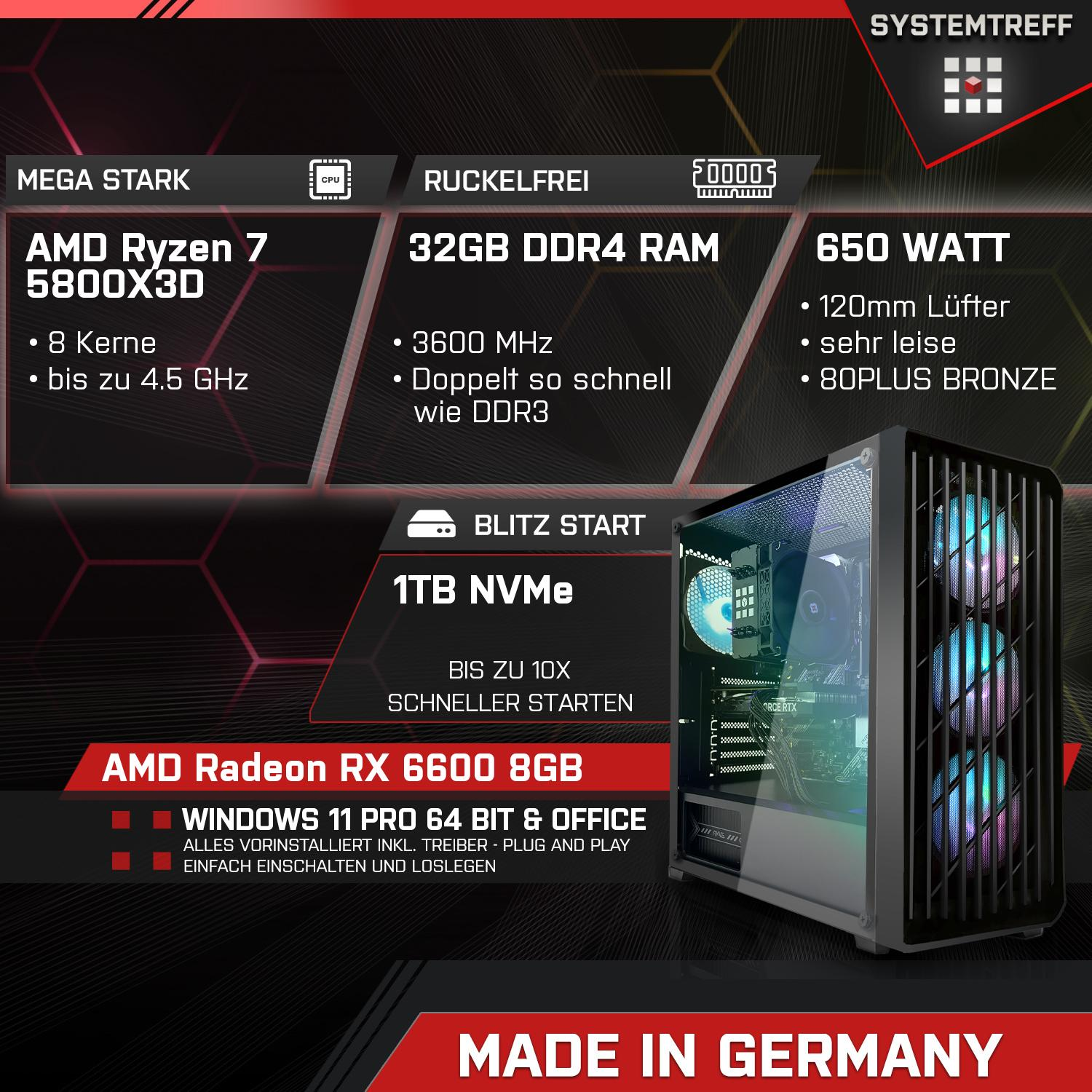 SYSTEMTREFF Gaming Komplett AMD Ryzen RX mSSD, Prozessor, GB mit GB GB GDDR6, 8GB AMD Radeon 6600 Komplett 5800X3D, RAM, 32 8 1000 PC 7 5800X3D