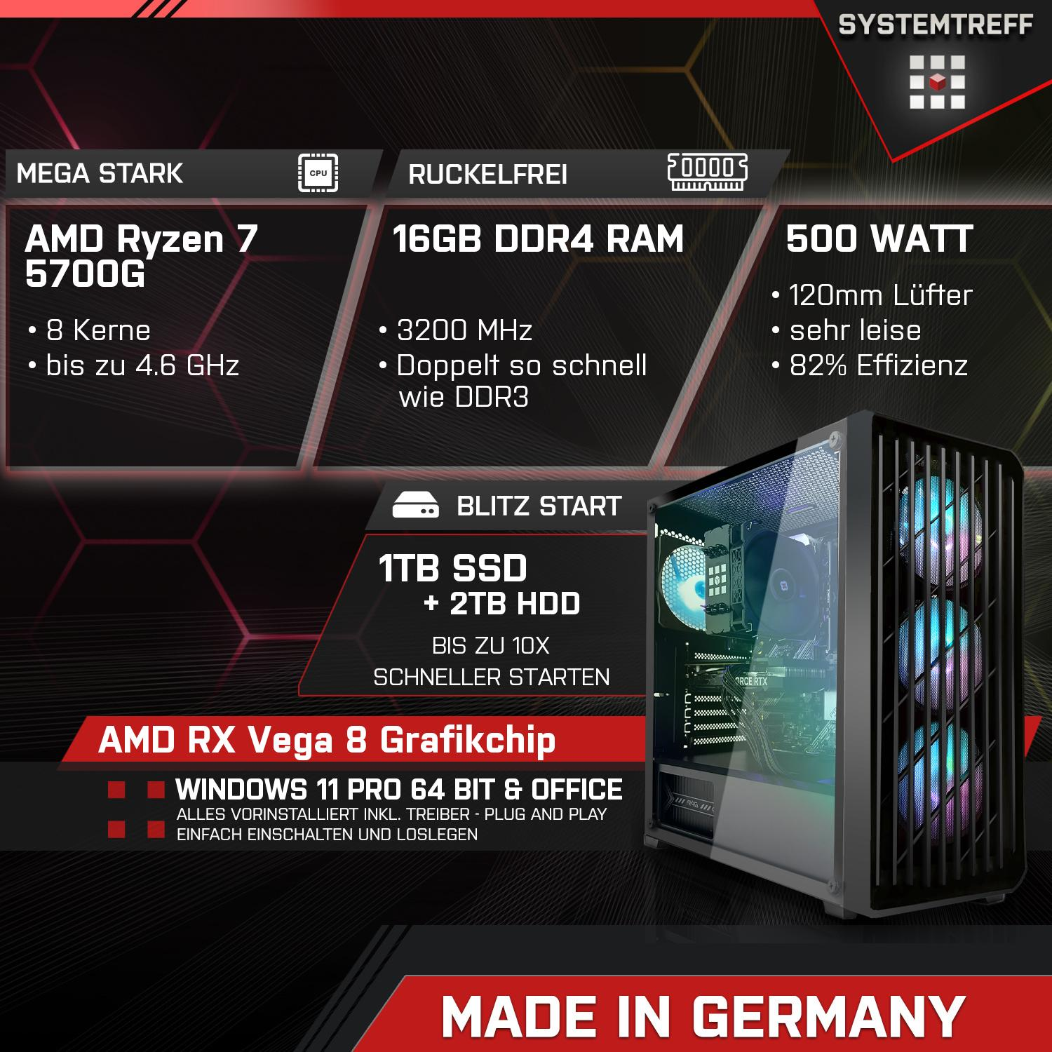 SYSTEMTREFF Gaming AMD Ryzen 7 AMD Gaming mit Radeon™ RAM, Ryzen™ Pro, Vega 7 PC 8 11 SSD, GB 16 Windows 1000 5700G, GB Prozessor, AMD