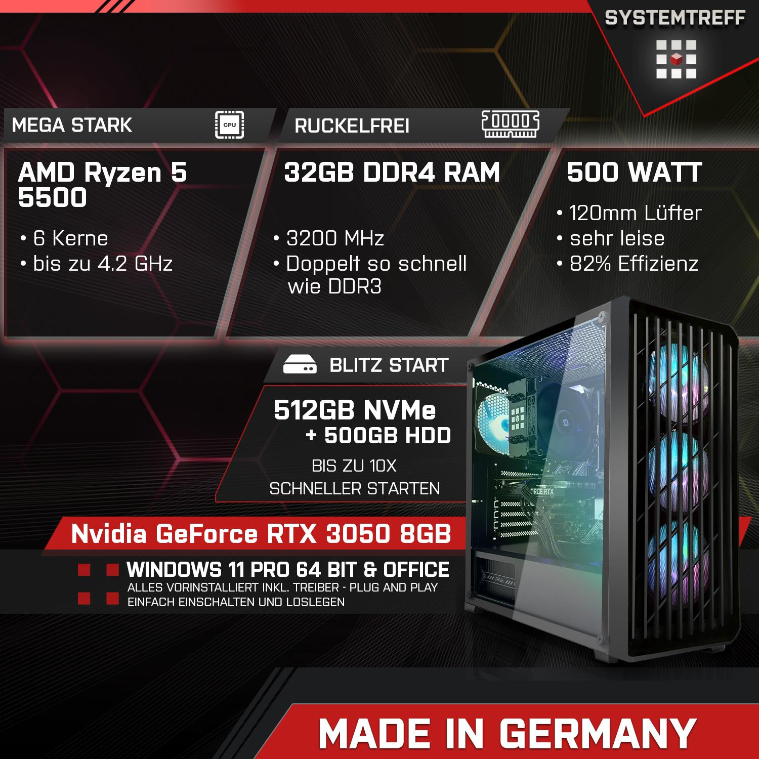 SYSTEMTREFF Gaming AMD Ryzen RTX™ PC Prozessor, GB 5500, RAM, 3050 512 Windows 5 AMD Gaming mit GB NVIDIA GeForce mSSD, 5 32 Pro, 11 Ryzen™