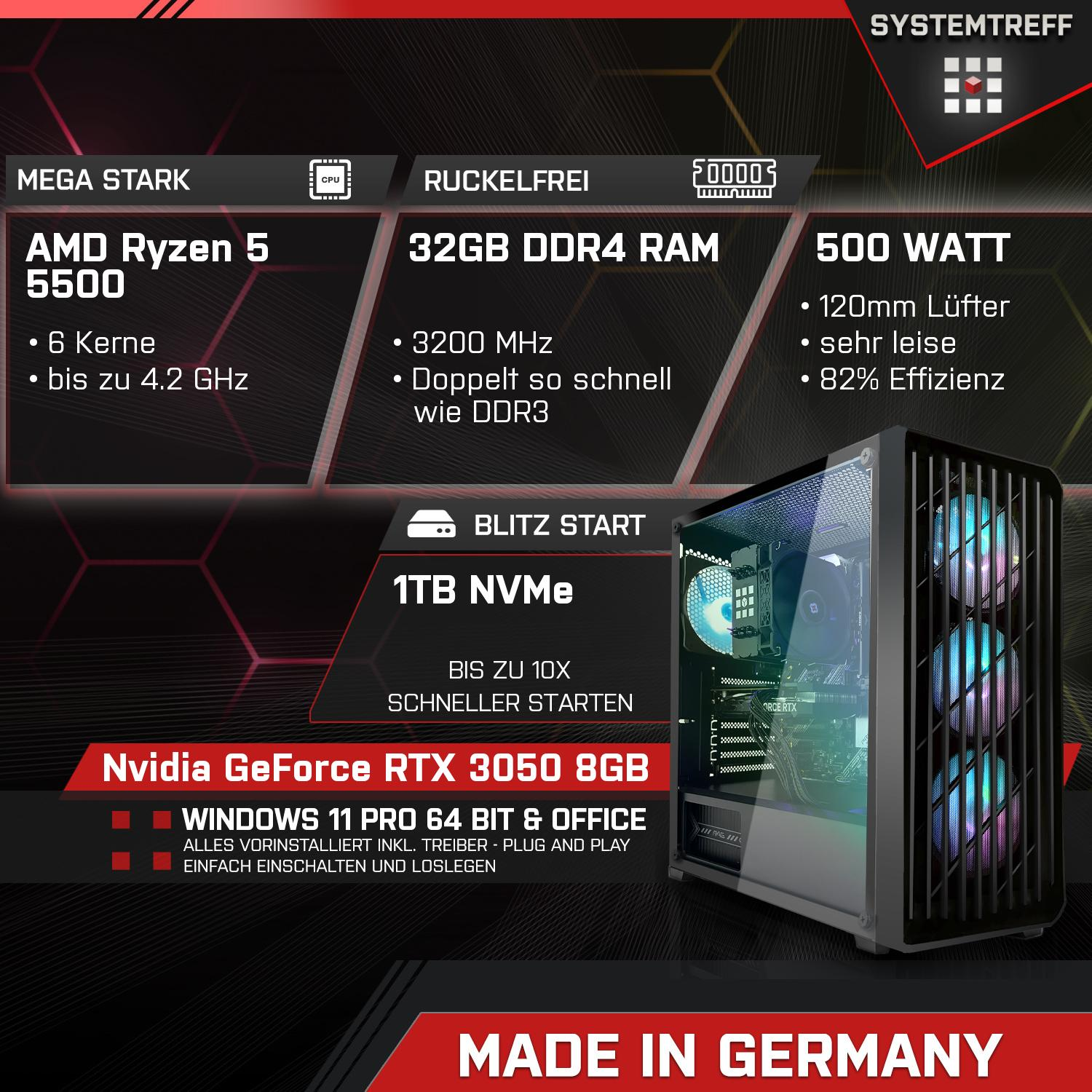 SYSTEMTREFF Gaming Komplett Nvidia mit AMD 32 8GB, GB Komplett 1000 5 GB RAM, mSSD, Ryzen PC 8 GB 3050 5500 Prozessor, 5500, RTX