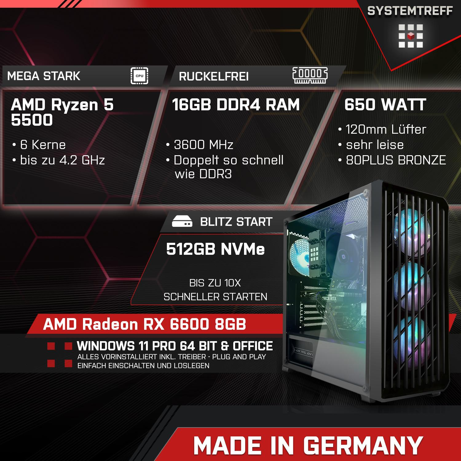 SYSTEMTREFF Gaming Komplett AMD mit Prozessor, AMD Komplett GB GB Ryzen 5500 5 8 8GB 5500, 16 RX Radeon RAM, mSSD, 6600 GDDR6, GB 512 PC