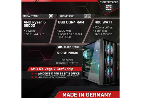 PC 512 AMD AMD Gaming SYSTEMTREFF Prozessor, Windows AMD Gaming 5 GB 0 Pro, mSSD, GB, mit Vega Ryzen 7 11 GB | RAM, 5 Radeon™ 5600G, MediaMarkt 8 Ryzen™