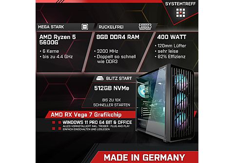SYSTEMTREFF Gaming AMD Ryzen 5 5600G, Windows 11 Pro, Gaming PC mit AMD  Ryzen™ 5 Prozessor, 8 GB RAM, 512 GB mSSD, 0 GB, AMD Radeon™ Vega 7 |  MediaMarkt