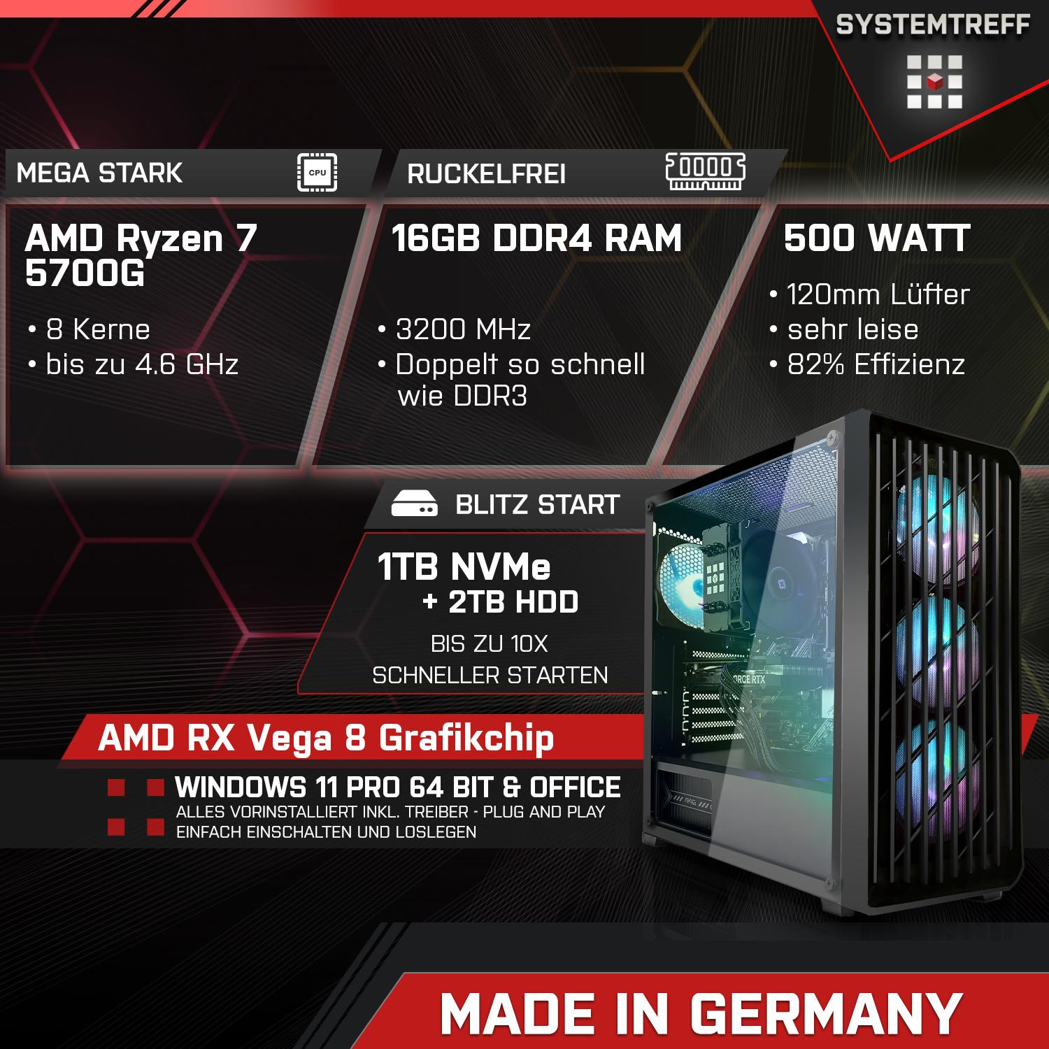SYSTEMTREFF Gaming AMD Gaming Ryzen 7 RAM, 5700G, 11 GB Pro, mit Vega 16 8 AMD Windows 7 PC 1000 GB mSSD, Radeon™ Ryzen™ Prozessor, AMD