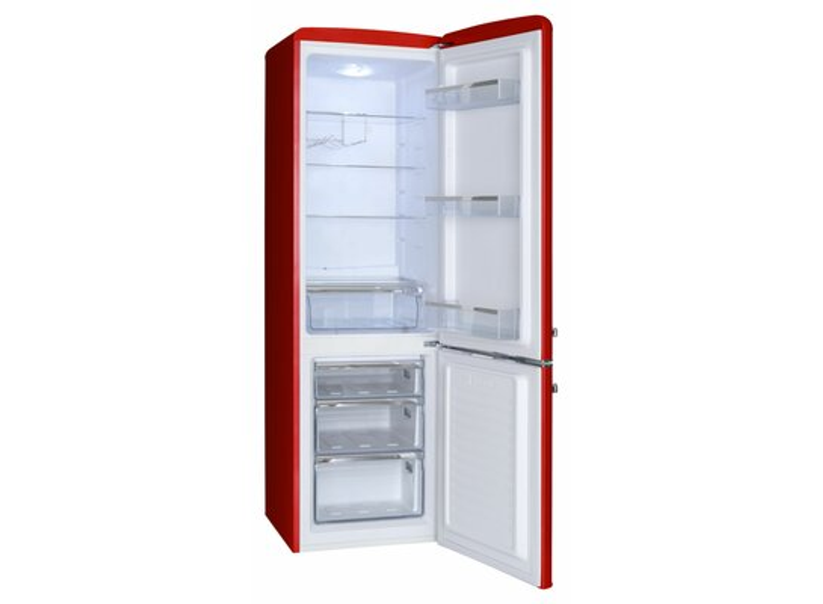 Ein roter Kühlschrank mit offener Tür, die Regale, Schubladen und Lebensmittel zeigt.