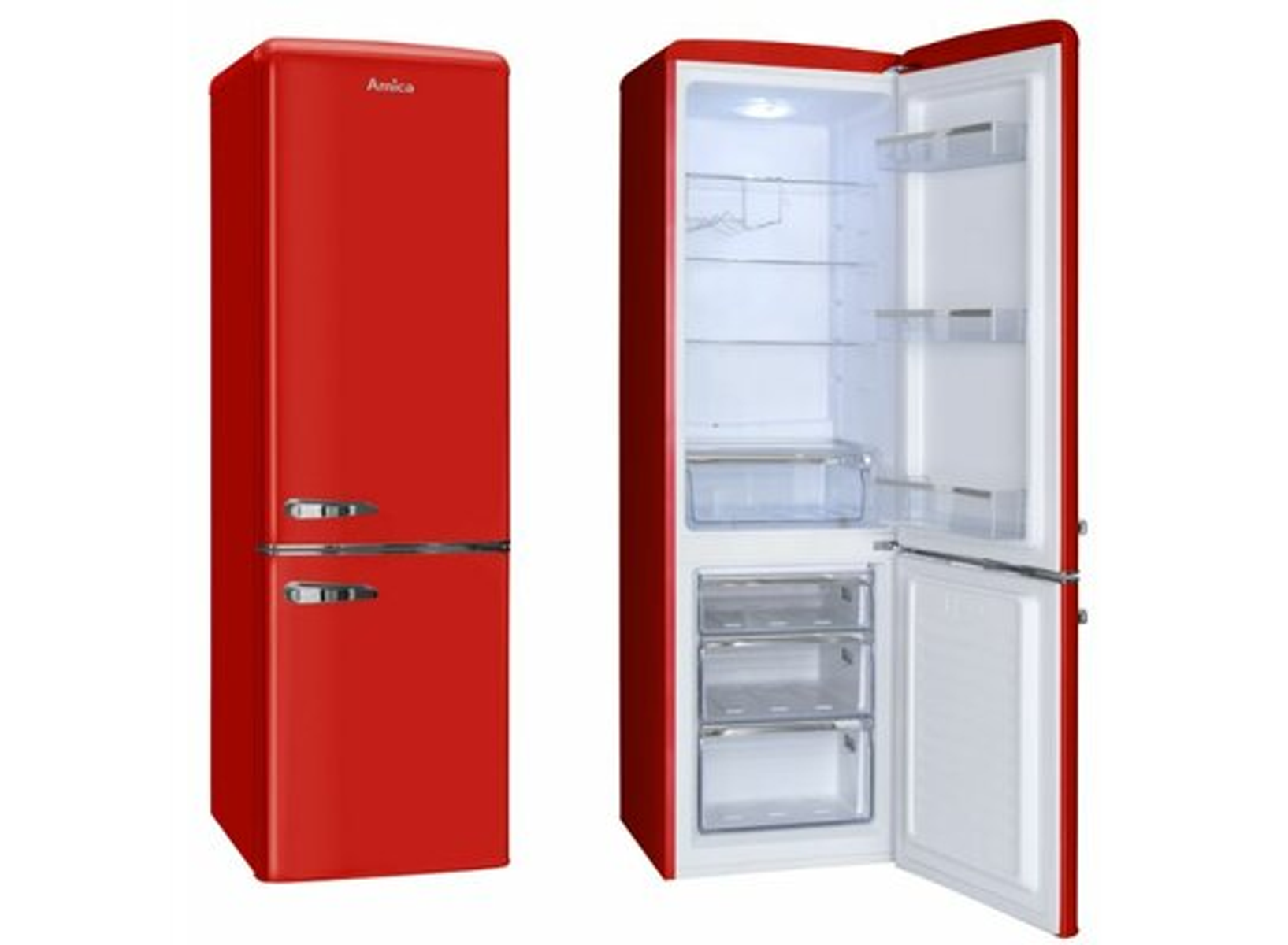 Roter Retro-Kühlschrank, geschlossen und offen. Innen Regale und Schubladen. Weißer Hintergrund.