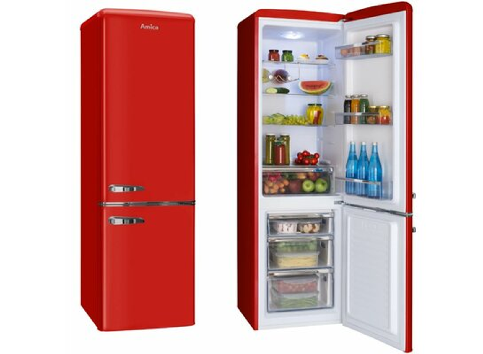 Roter Retro-Kühlschrank, links geschlossen, rechts offen, zeigt Regale und Lebensmittel.