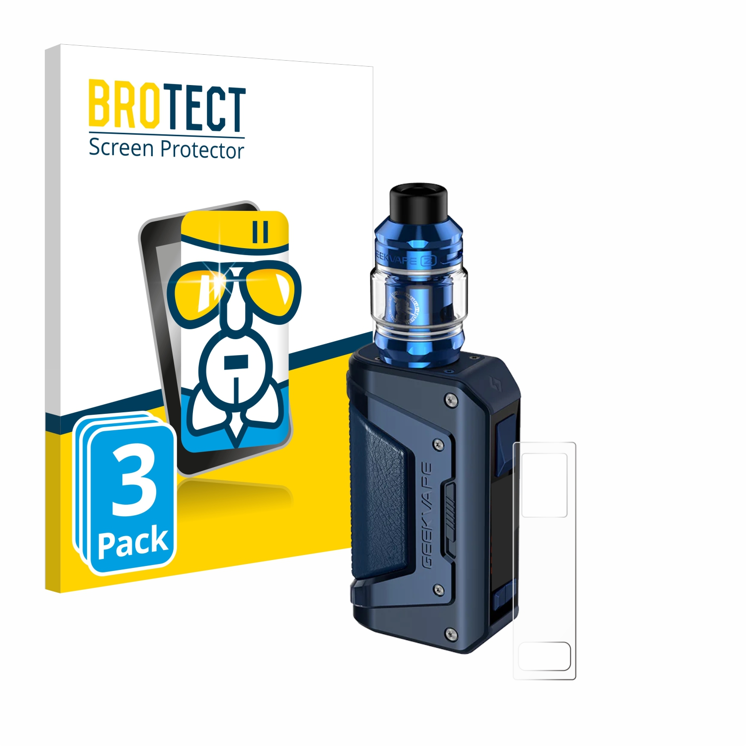 Blau-schwarzes Vape-Kit mit einer Displayschutzfolienbox. Displayschutzfolie zeigt ein Telefon.