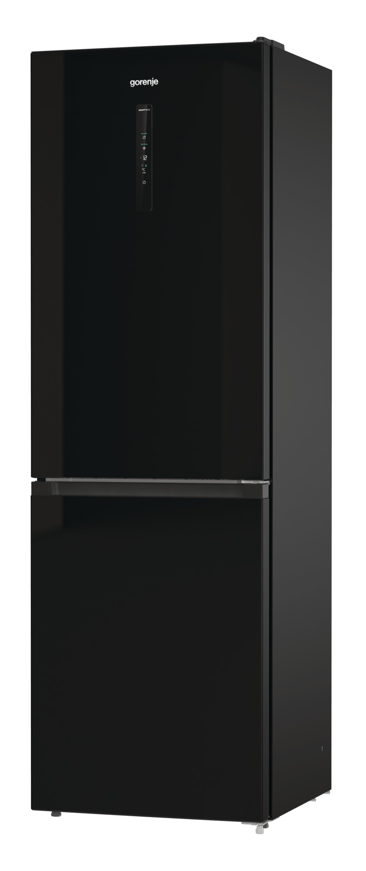 Czarna lodówka Gorenje. Wysoka, bez uchwytu. Dwa drzwi.