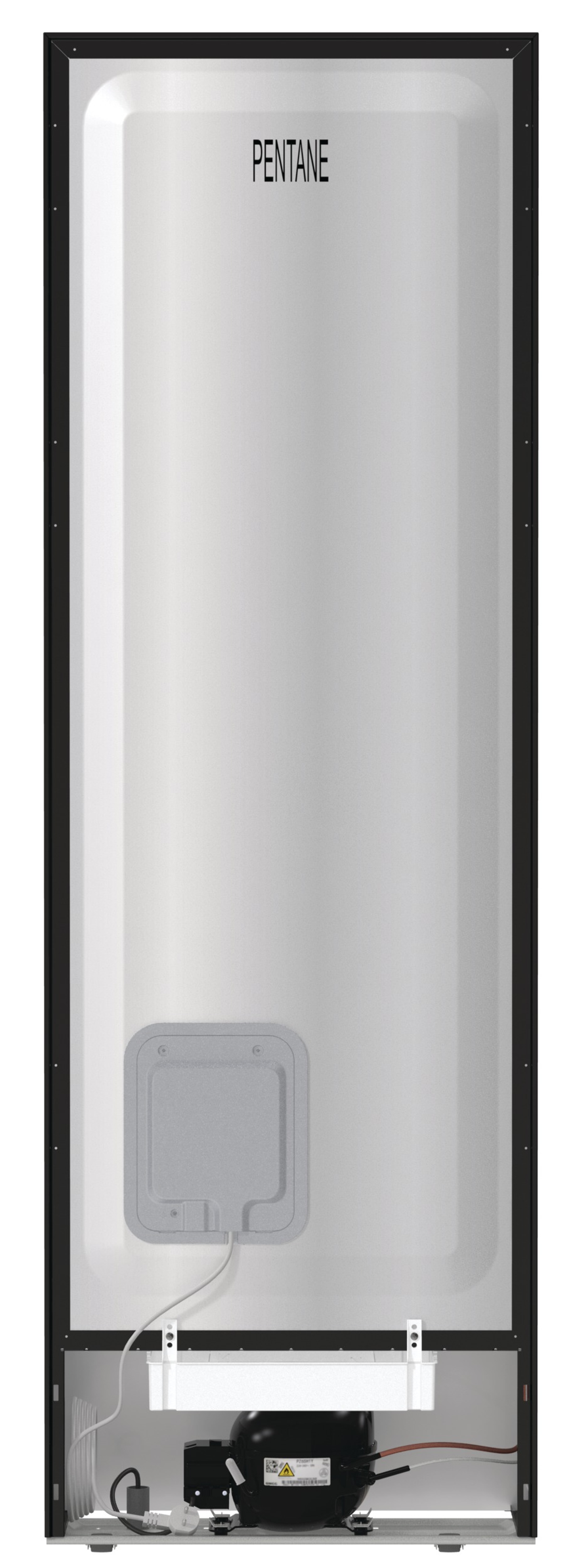 Widok z tyłu czarnej lodówki z napisem PENTANE wewnątrz, na białym tle.