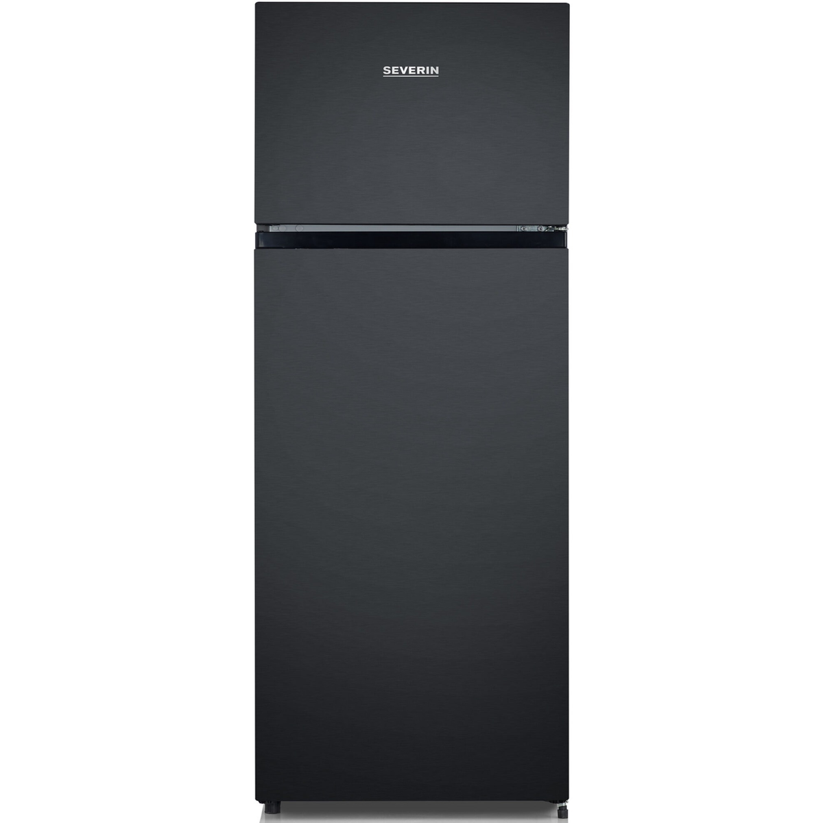 Schwarzer Kühlschrank mit zwei Türen und einem Gefrierfach oben.