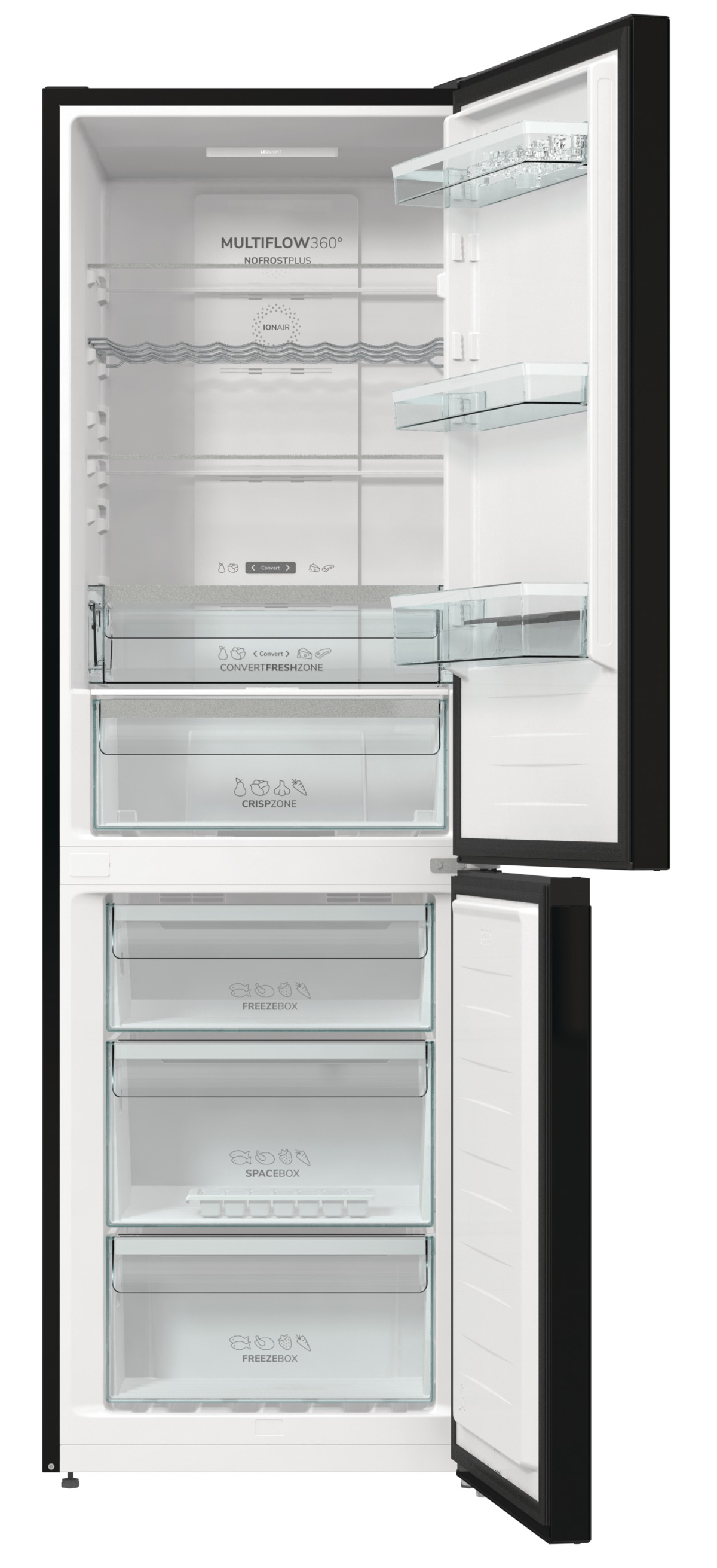 Czarno-biała lodówka z otwartymi drzwiami, pokazująca półki i szuflady wewnątrz.