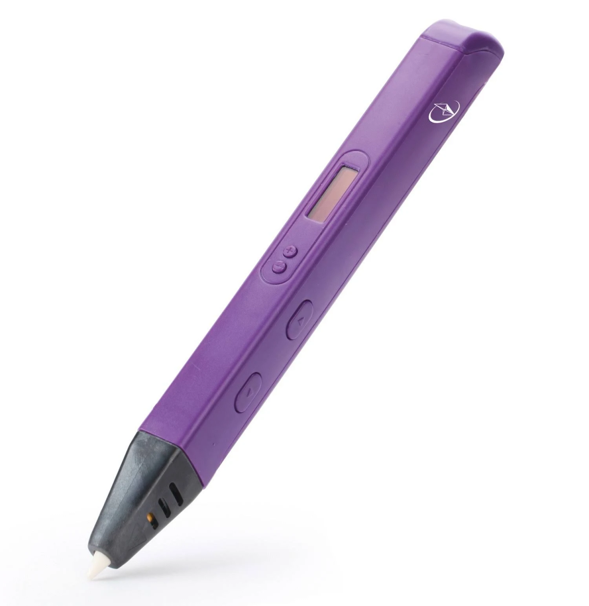 Penna 3D viola, angolata, con la punta rivolta verso il basso, che mostra un ugello nero e pulsanti.