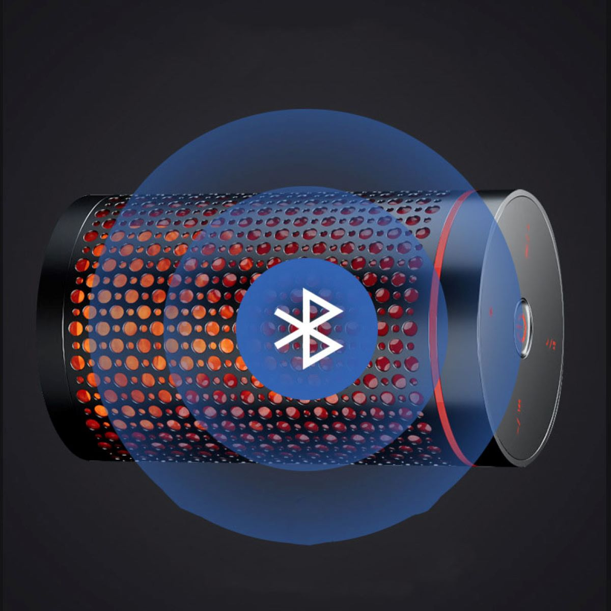 Schwarzer Lautsprecher mit roten Akzenten. Bluetooth-Symbol sichtbar. Dunkler Hintergrund.