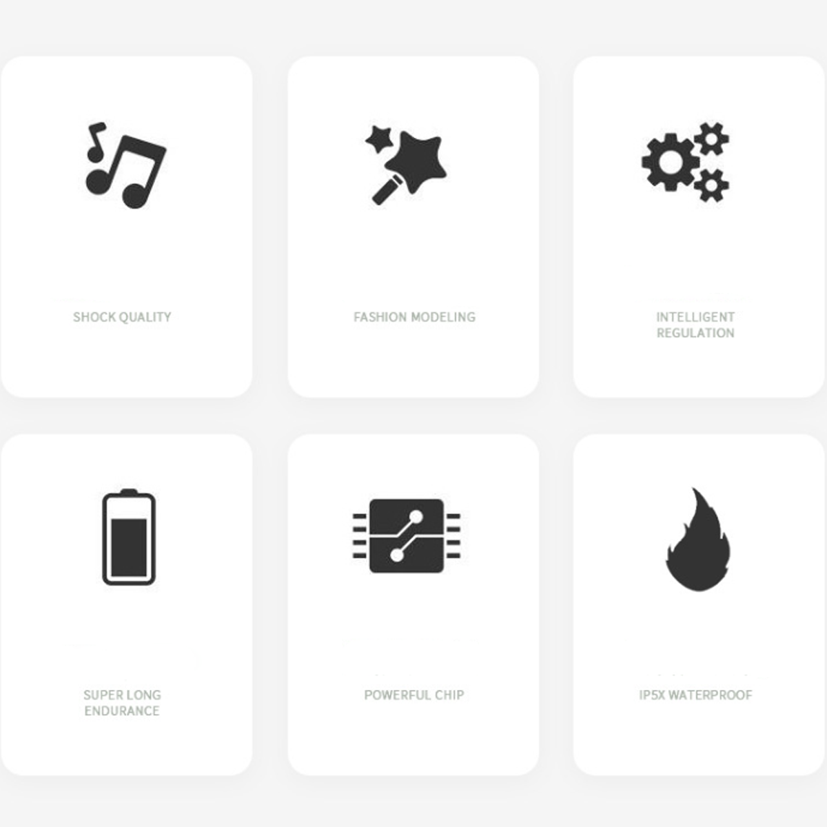 Symbole für Stoßqualität, Fashion-Modeling, intelligente Regulierung, Ausdauer, Chip und Wasserdichtigkeit.