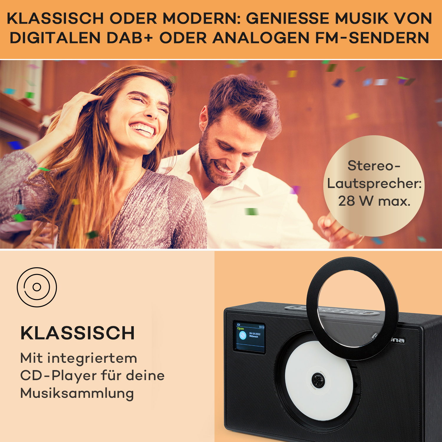 Lächeln, Radio mit CD-Player, Text: Klassisch oder Modern: Genieße Musik.