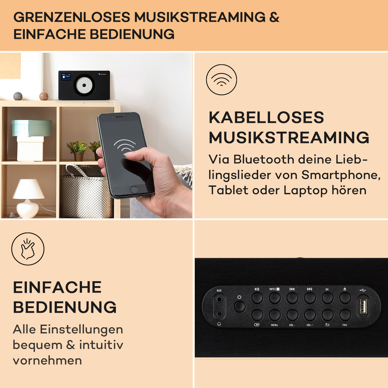 Ein schwarzes Stereo-Komponentenset mit einem Telefon. Es hat einen CD-Player und Steuertasten.