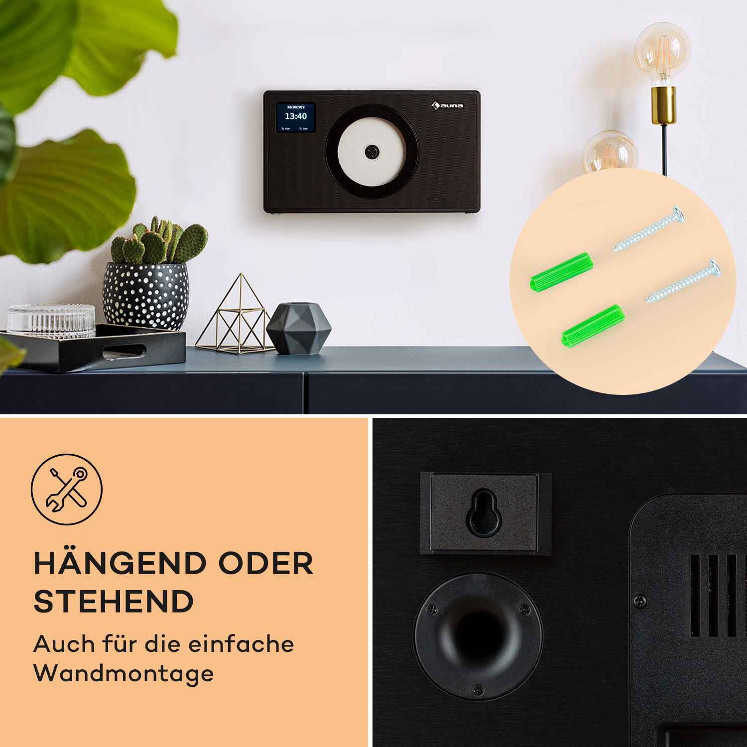 Schwarzes Radio an der Wand mit Zubehör, Schrauben und einer Pflanze.