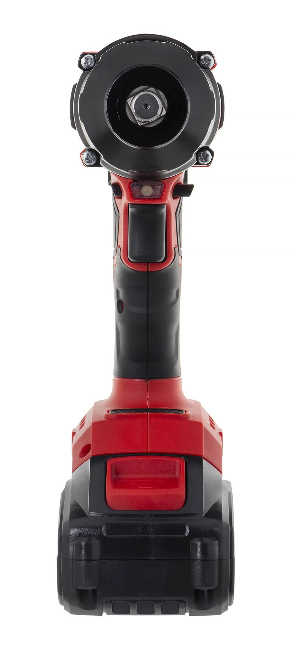 Czerwono-czarne elektronarzędzie. Widoczny uchwyt, spust i bateria. Białe tło.