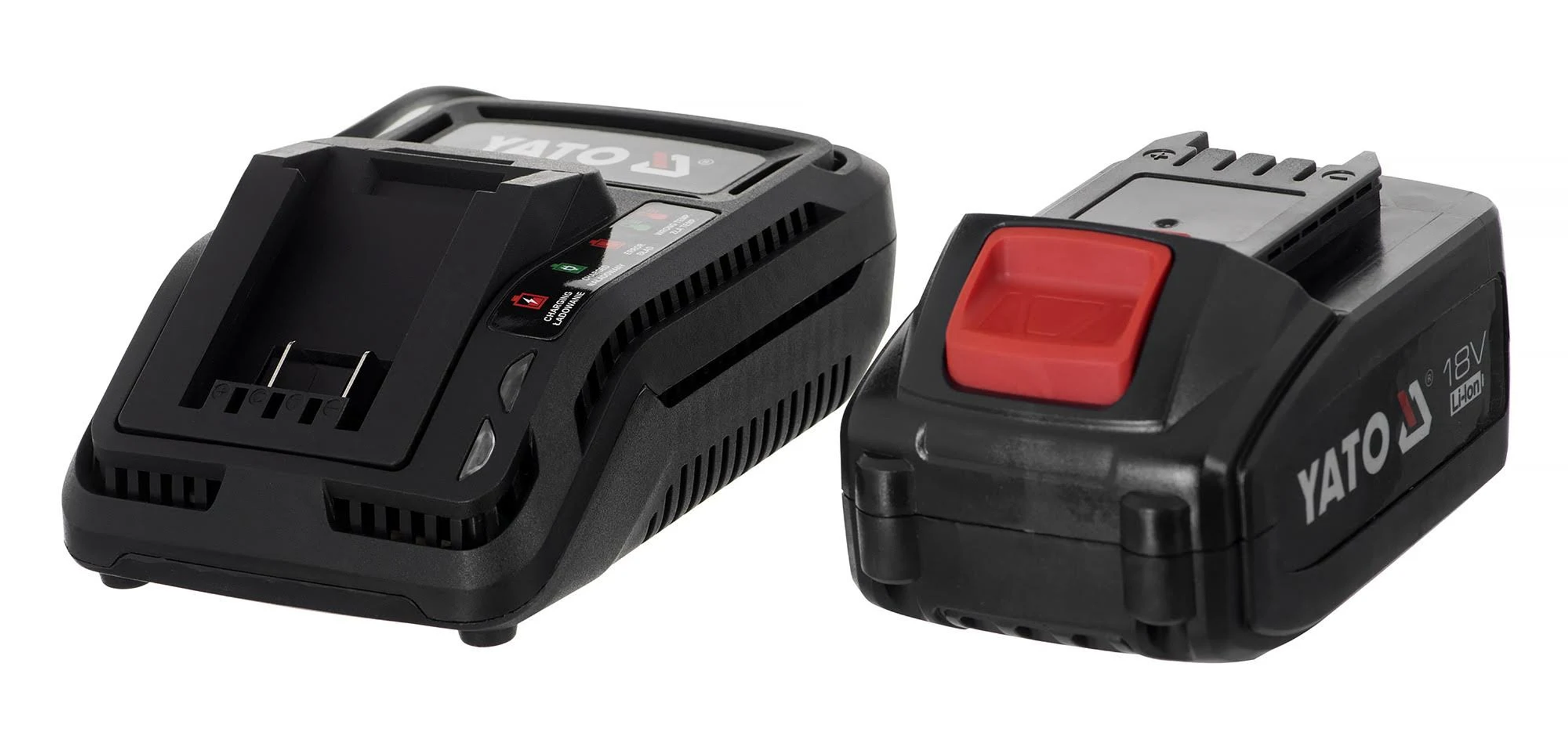 Czarna ładowarka i akumulator YATO, obok siebie, ze wskaźnikiem ładowania.