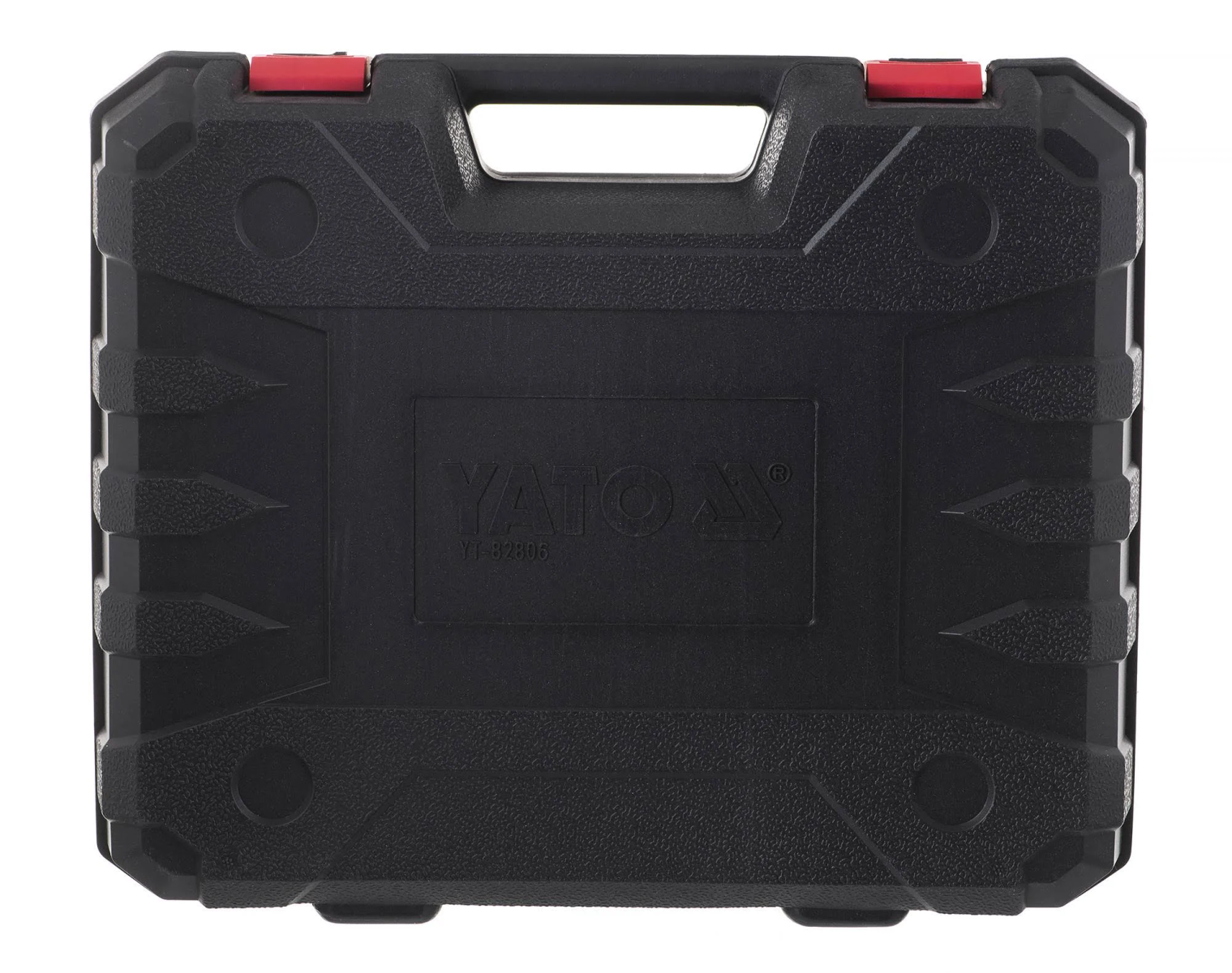 Czarna skrzynka narzędziowa z czerwonymi zatrzaskami, teksturowaną powierzchnią i napisem YATOX.