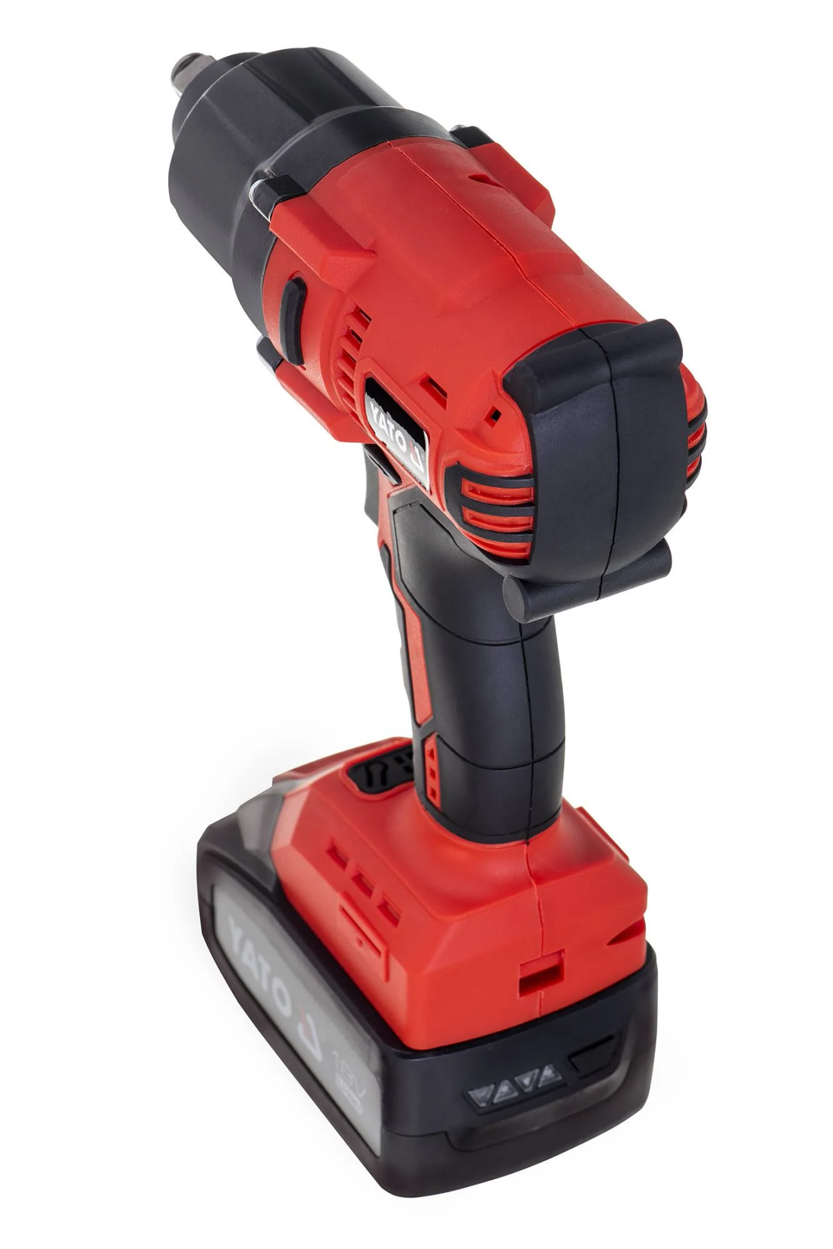 Czerwono-czarny bezprzewodowy klucz udarowy z akumulatorem na białym tle.