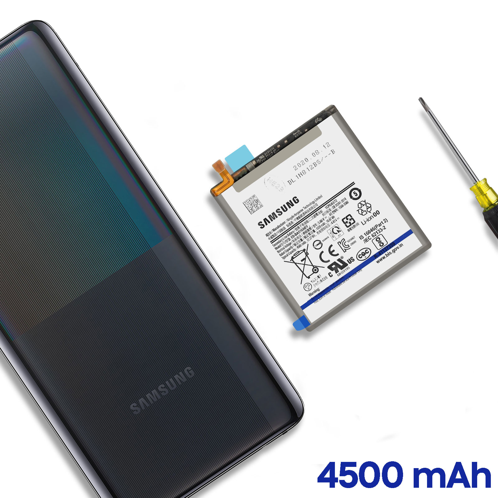 Samsung-Telefonkomponenten mit Schraubendreher auf weißer Oberfläche.