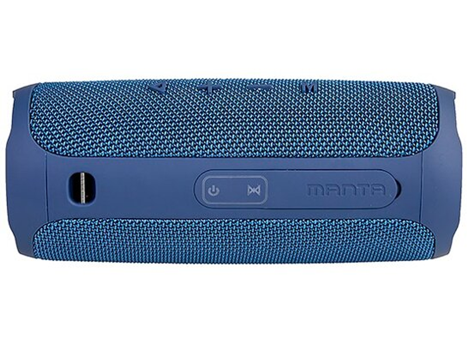 Niebieski głośnik Manta. Posiada przyciski zasilania, odtwarzania/pauzy i port USB. Siatka pokrywa przód.