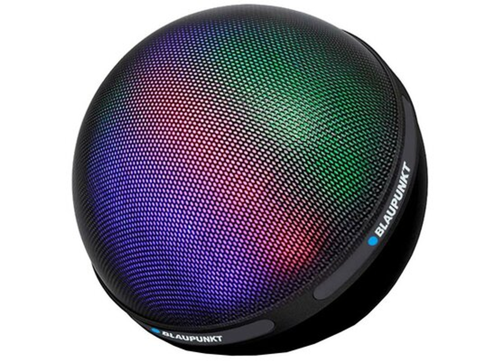 Ein kugelförmiger Lautsprecher mit Mesh-Abdeckung, der farbige Lichter zeigt.