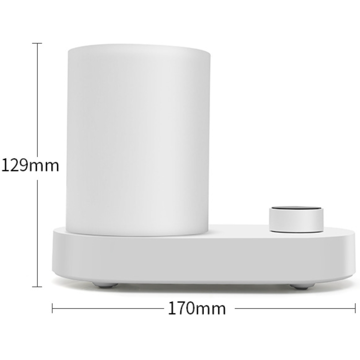 Weiße, zylindrische Lampe auf weißer Basis mit einem Bedienknopf.