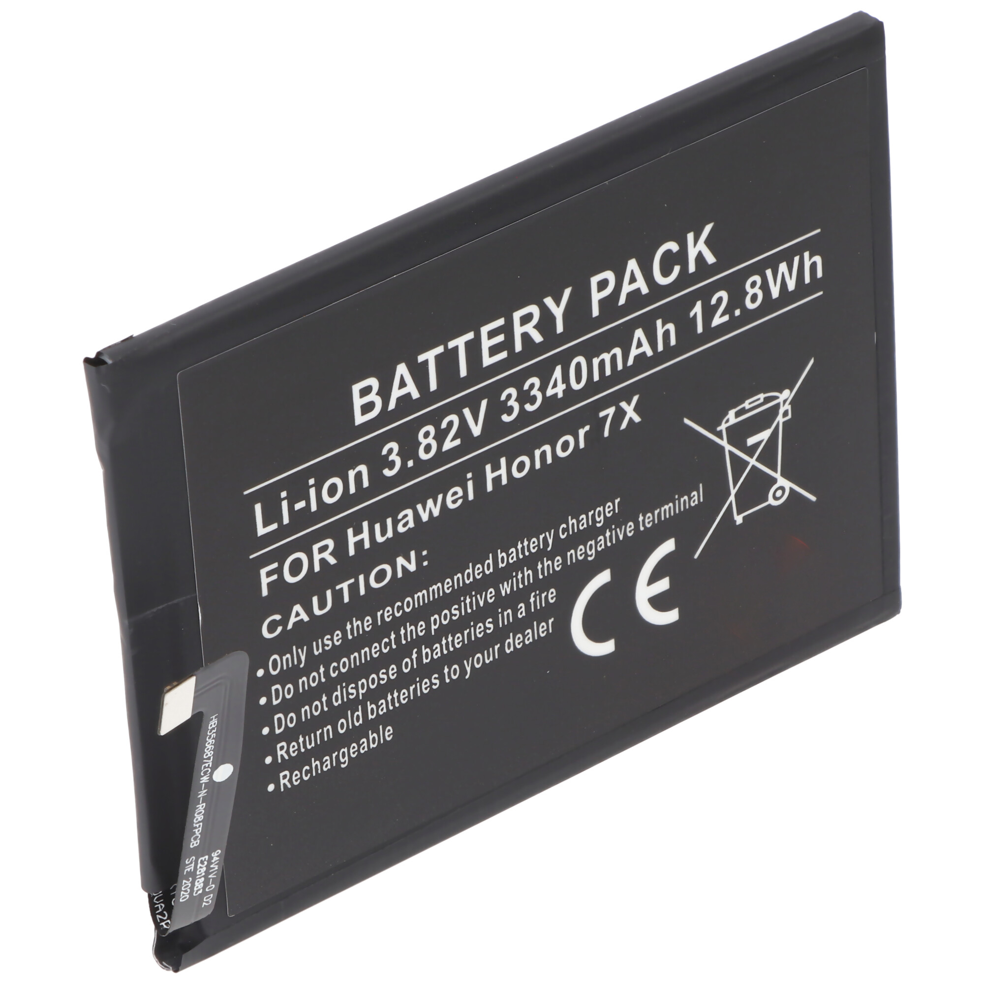 Schwarzer Akku mit weißem Text, Warnhinweisen. Für Huawei Honor 7X, 3,82 V, 3340 mAh.