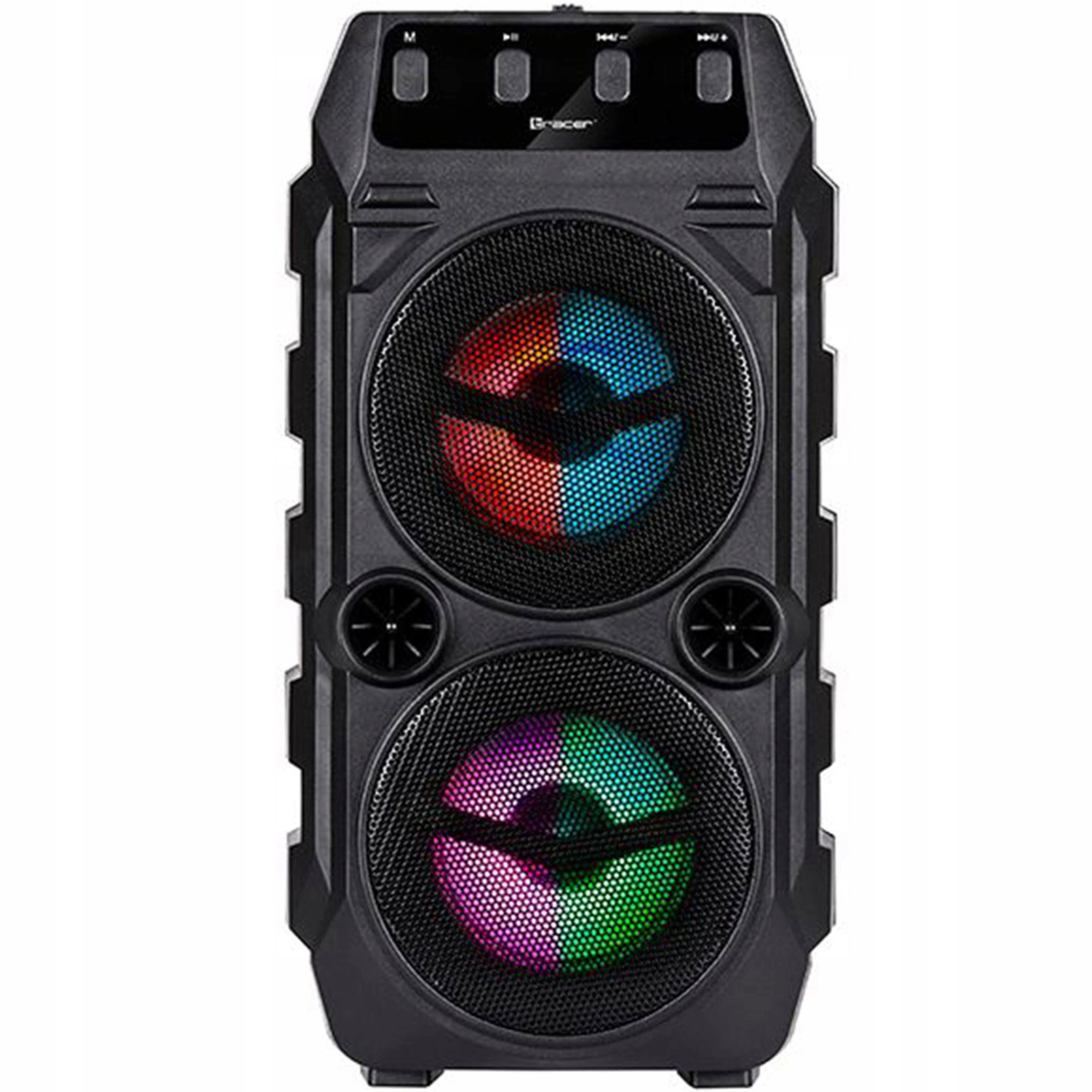 Czarny głośnik z kolorowymi światłami w dwóch głośnikach, dwa mniejsze u góry.