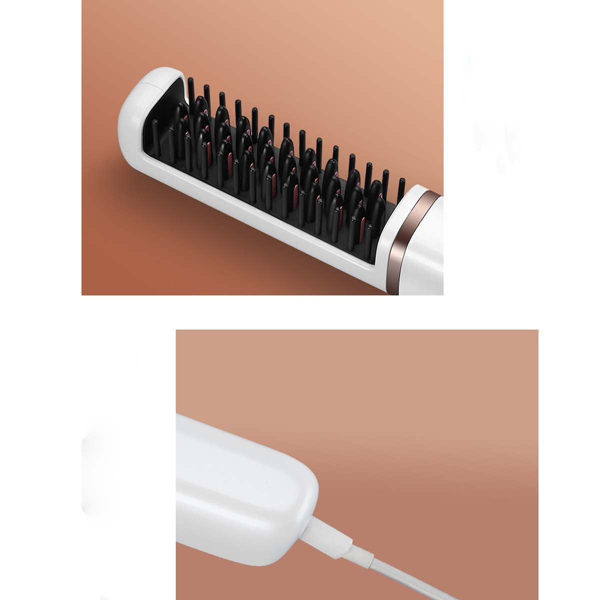 Zwei Ansichten eines weißen Haarglätters mit schwarzen Borsten und einem Ladegerät.