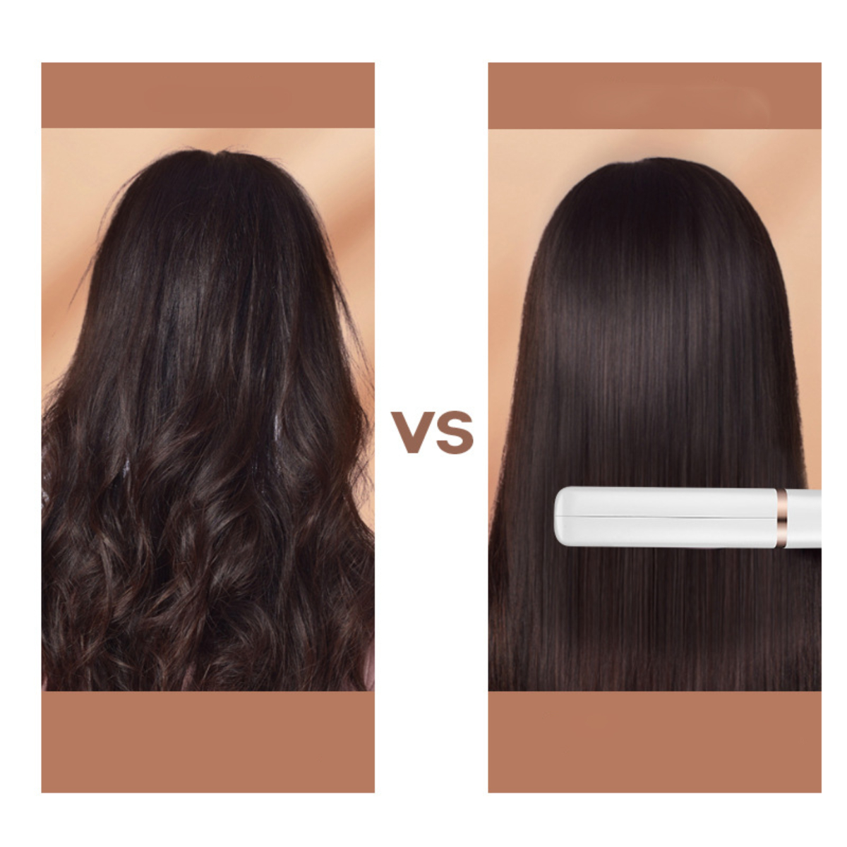 Vergleich von lockigem vs. glattem Haar. Auf der rechten Seite wird ein Glätteisen verwendet.
