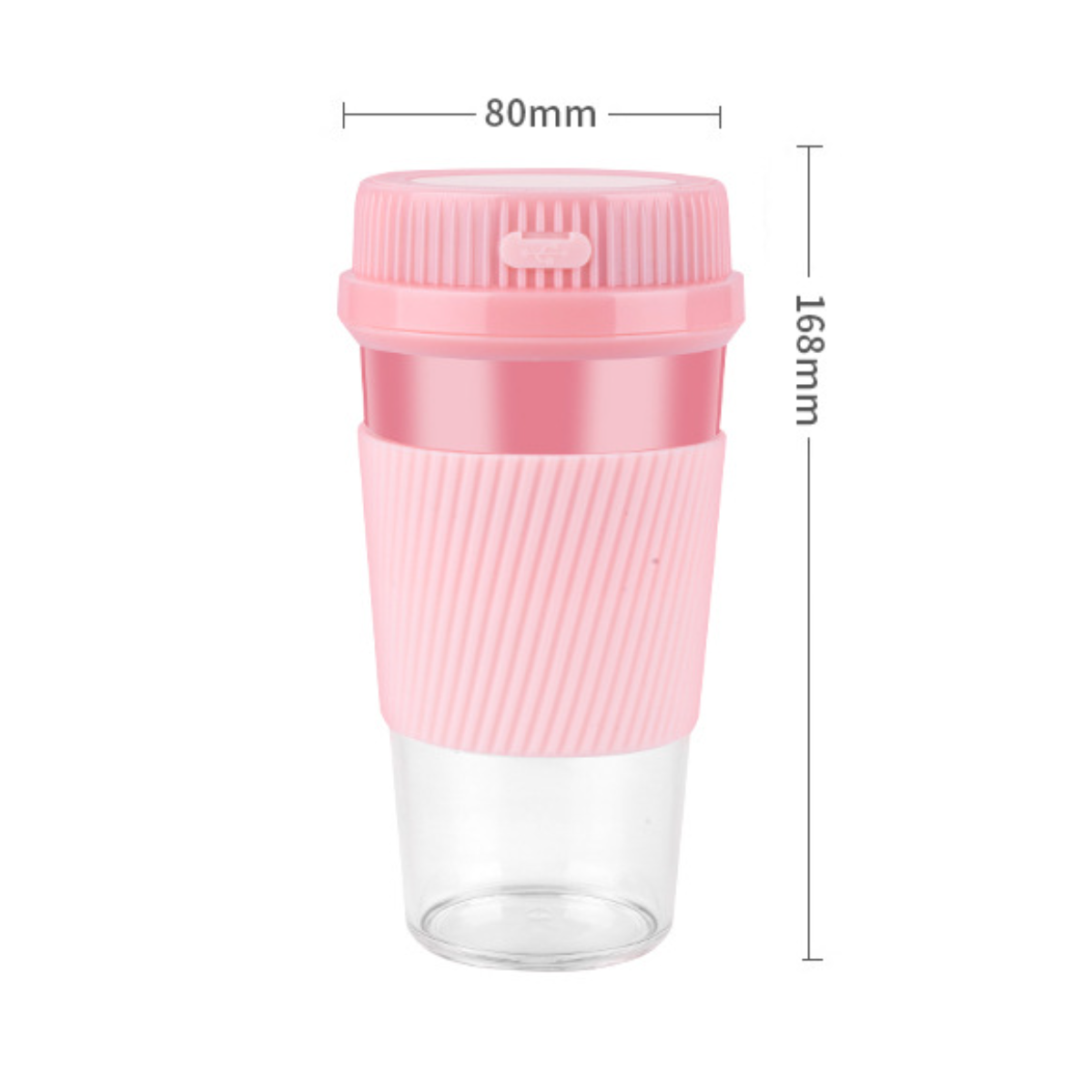 Rosa tragbarer Mixer. Der Mixer ist rosa mit einem durchsichtigen Becher, Maße sichtbar.