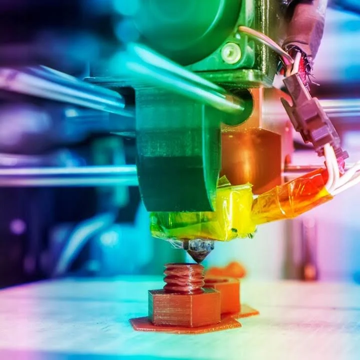Ein 3D-Drucker druckt eine braune Mutter auf einer Plattform, mit bunten Lichteffekten.